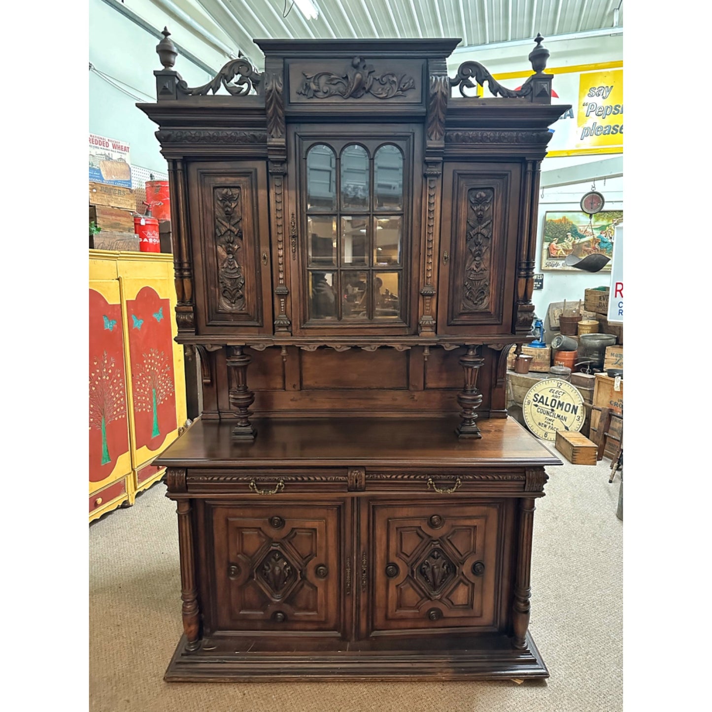 Antique 1900s French Carved Walnut Rococo Style Hutch Sideboard Server Cabinet