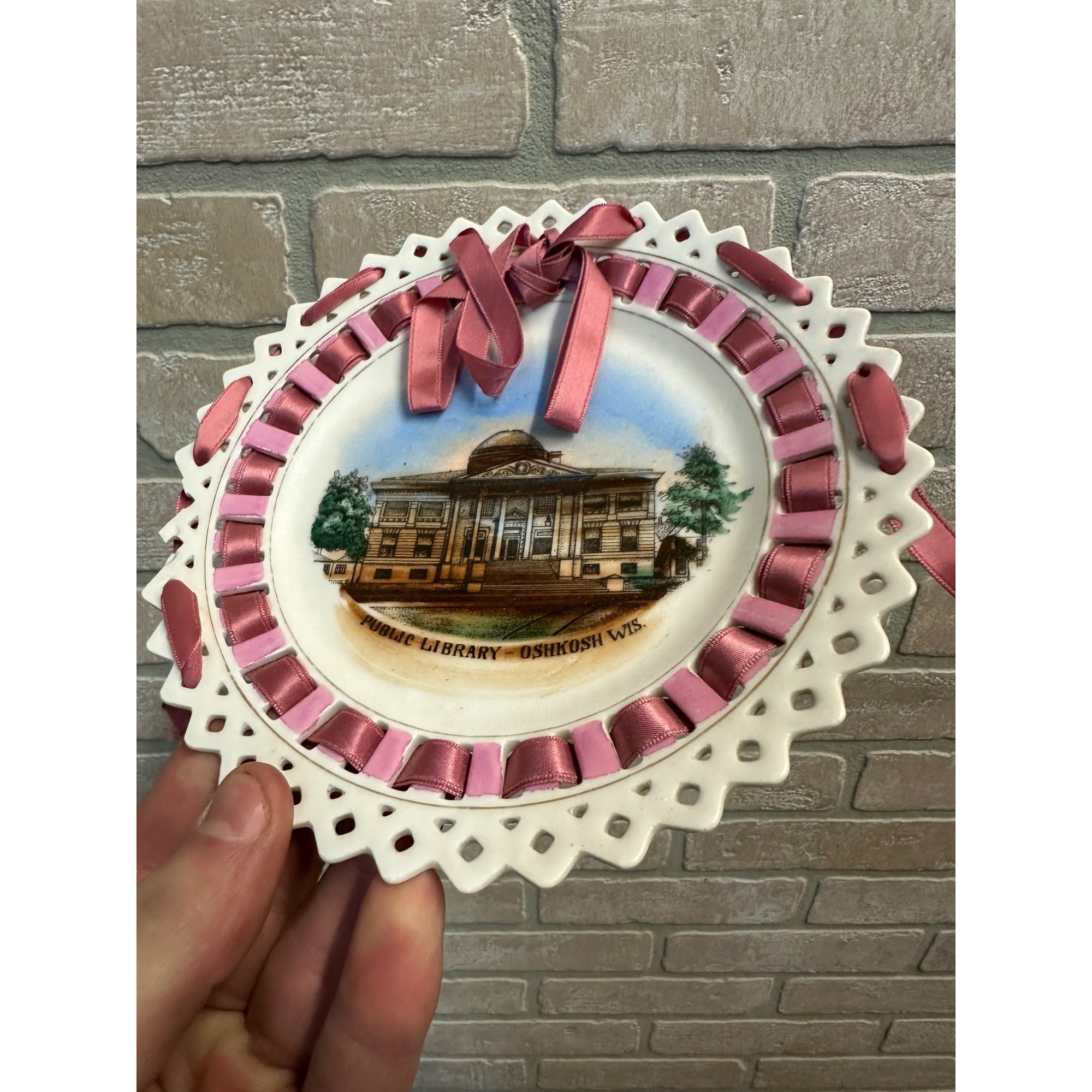 Vintage 1900s Oshkosh Wis Public Library 7" Fancy Plate w/ Lace - Made in Germany