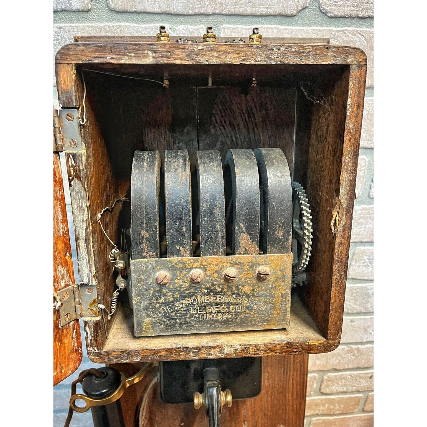 ANTIQUE VINTAGE STROMBERG-CARLSON OAK WOOD DOUBLE BOX HOTEL WALL CRANK TELEPHONE