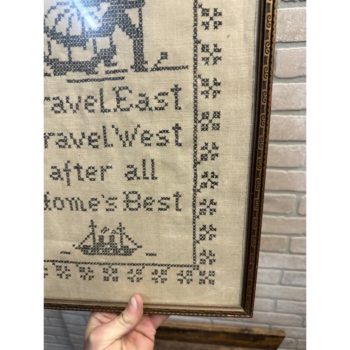 Antique Primitive Travel East Travel West Cross Stitch Sampler Framed