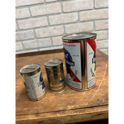 Vintage Pabst Blue Ribbon Coin Bank Tin Beer Cans Lot (3)