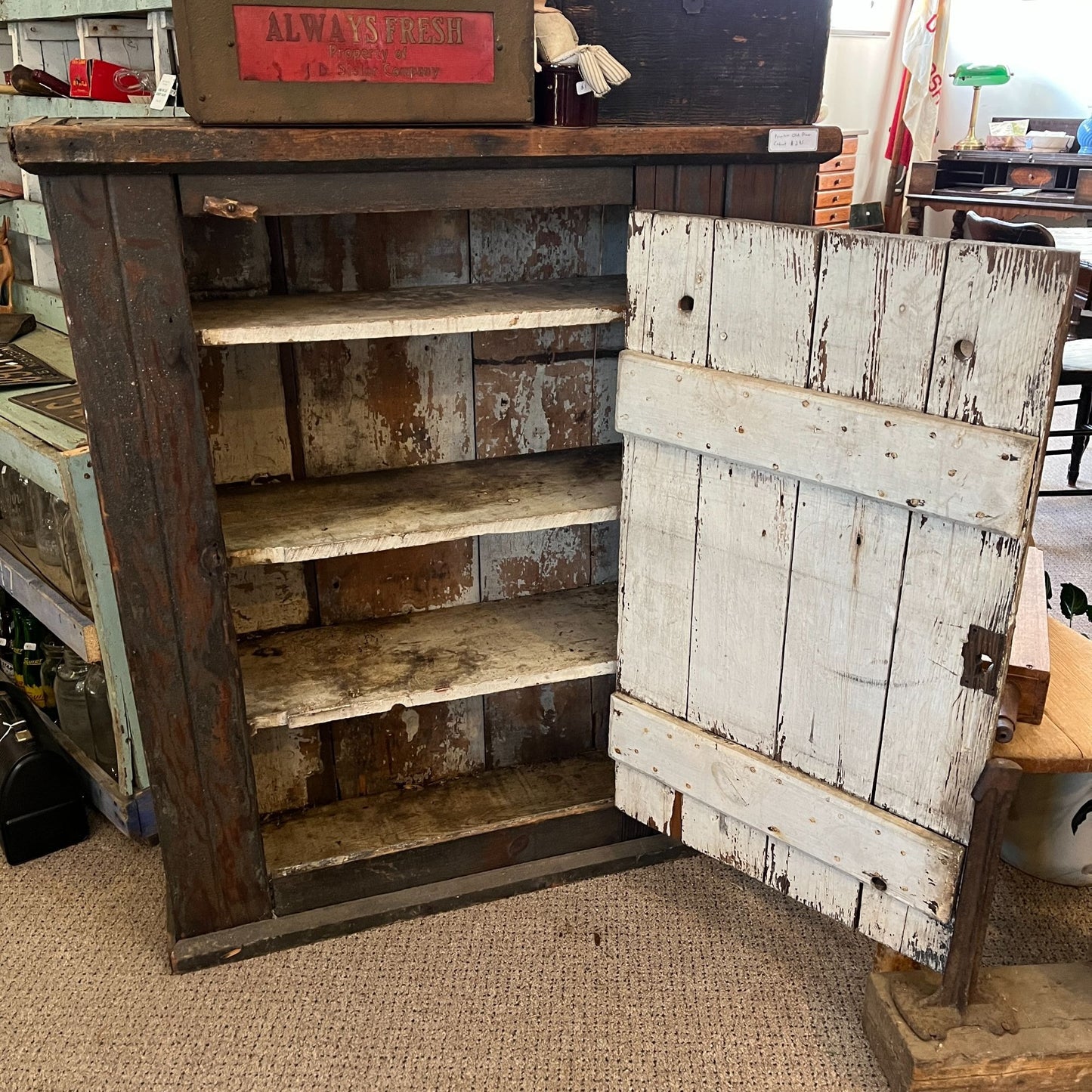 Antique Primitive Chippy Blue Pie Safe Cabinet Cupboard