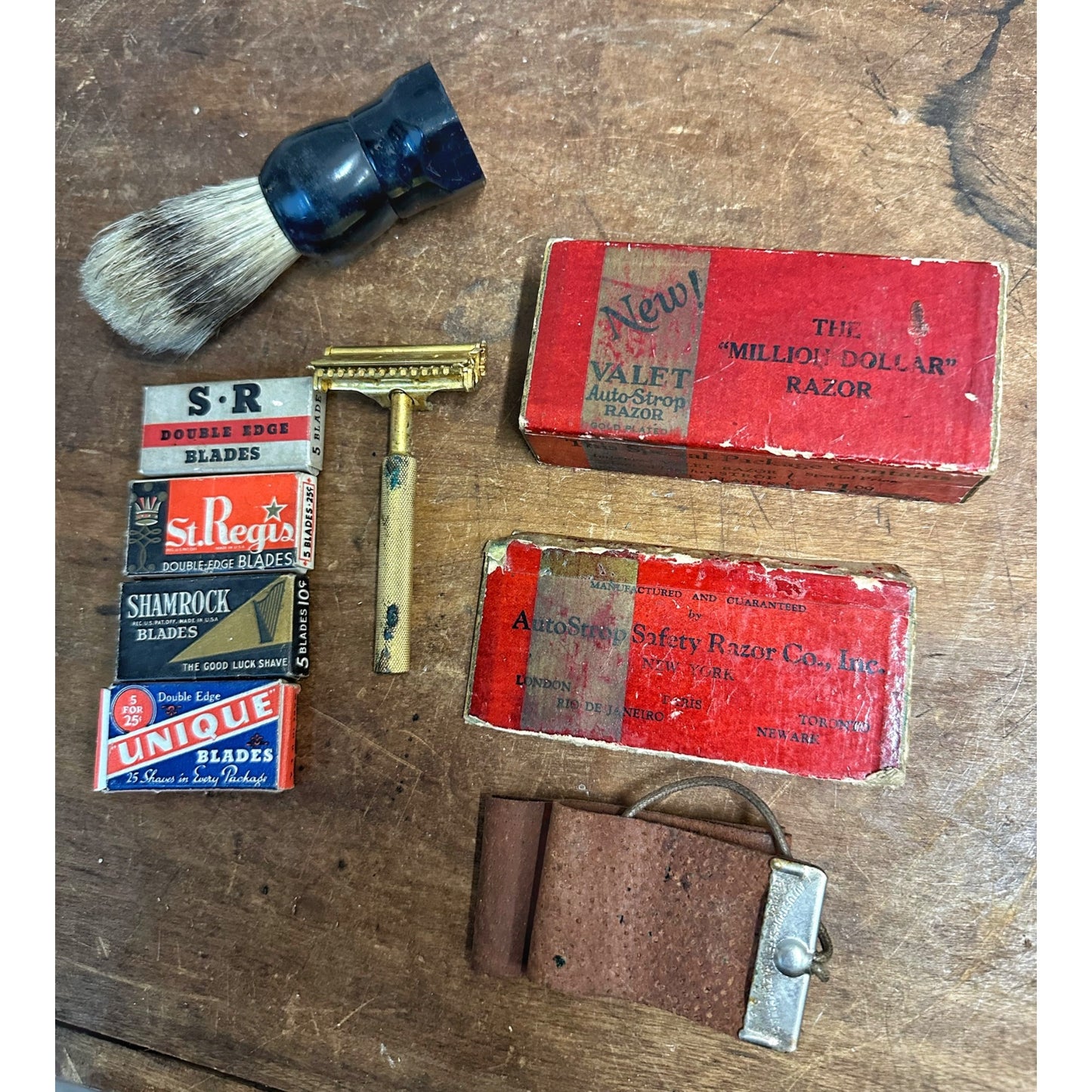 Vintage 1900s Valet "Million Dollar Razor" Auto Strop Gold Finish w/ Box + Extras