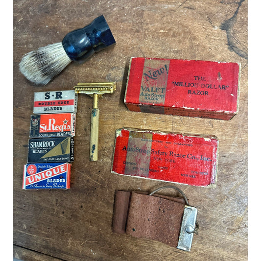 Vintage 1900s Valet "Million Dollar Razor" Auto Strop Gold Finish w/ Box + Extras