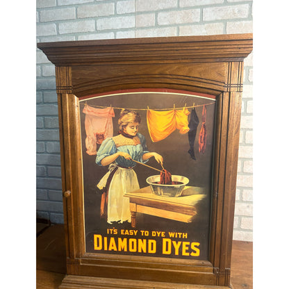 Vintage Diamond Dyes Advertising Oak Wooden Cabinet w/ Repro Sign