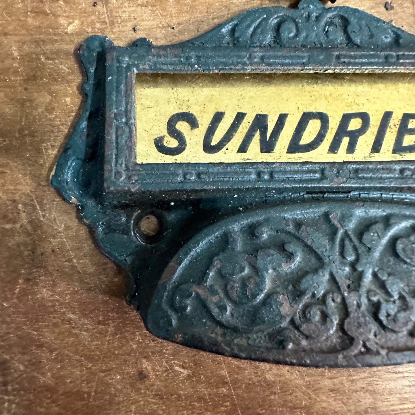 Antique 1900s SUNDRIES Cast iron Drug Store Drawer Pull Handle Apothecary