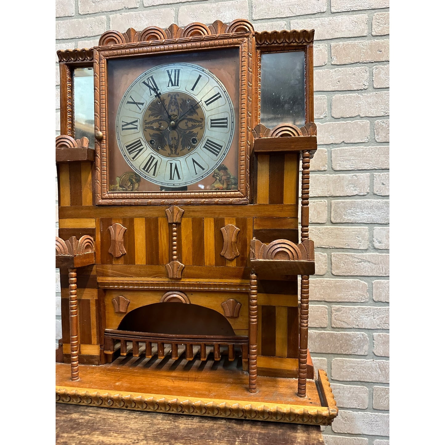 Vintage 1950s Tramp Art / Folk Art Large Ornate Clock w/ Mirrors