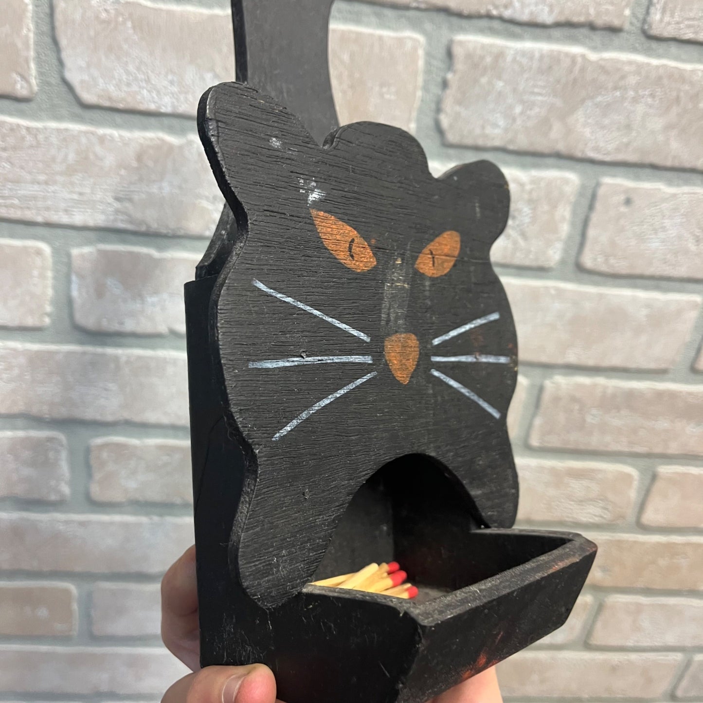 Vintage Halloween Black Cat Wooden Match Stick Holder Wall Hanging