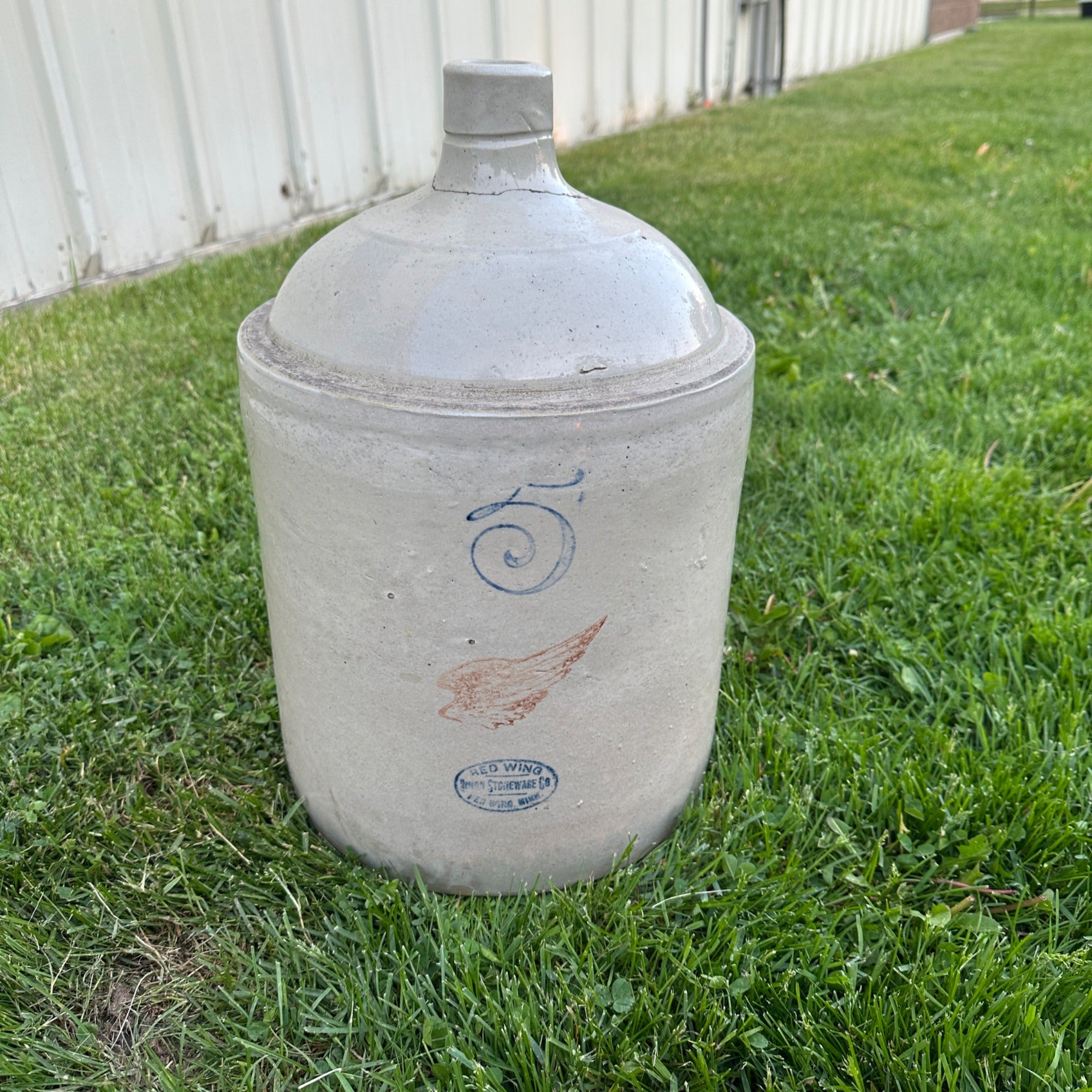 5 Gallon Stoneware Red Wing Jug Crock As-Is