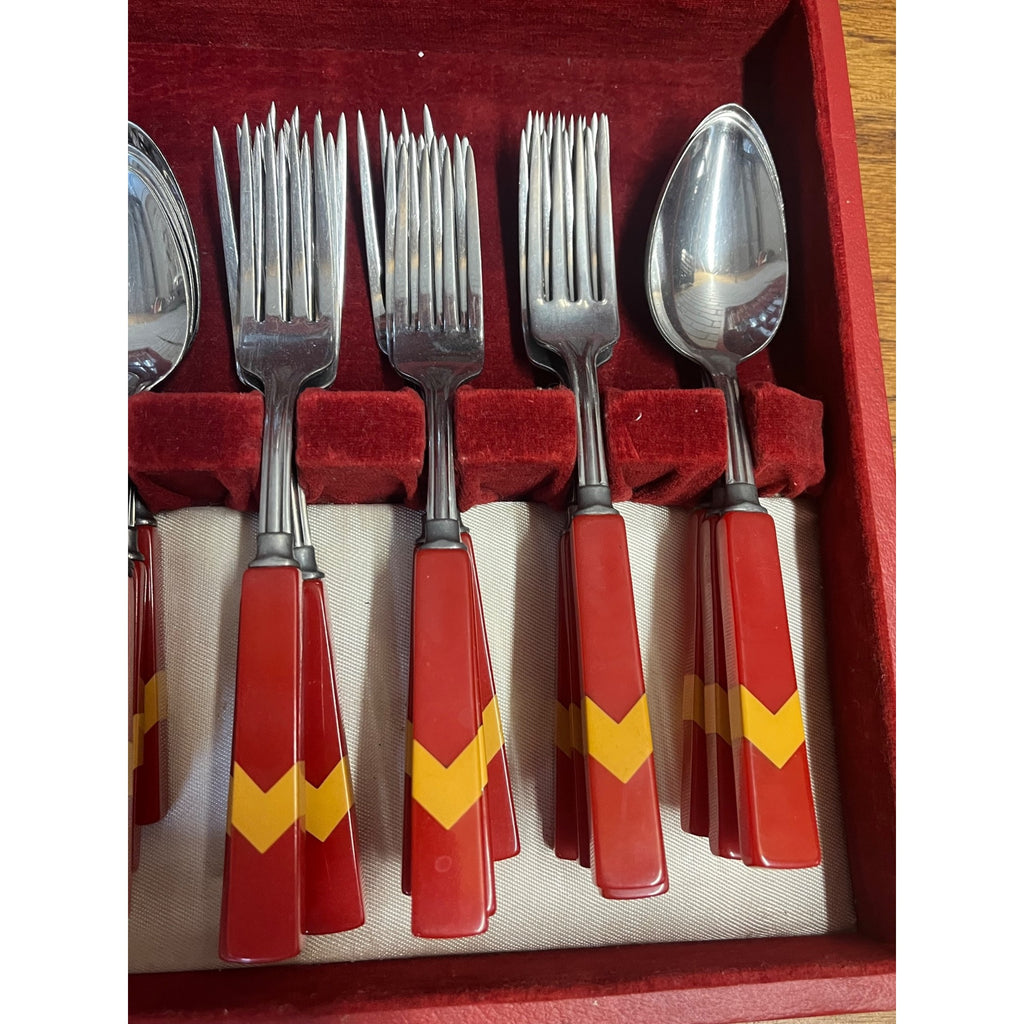 Vintage Cherry Butterscotch Chevron Bakelite Flatware Set 44pc Catalin Art Deco