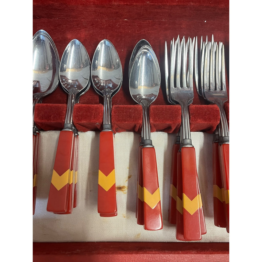 Vintage Cherry Butterscotch Chevron Bakelite Flatware Set 44pc Catalin Art Deco