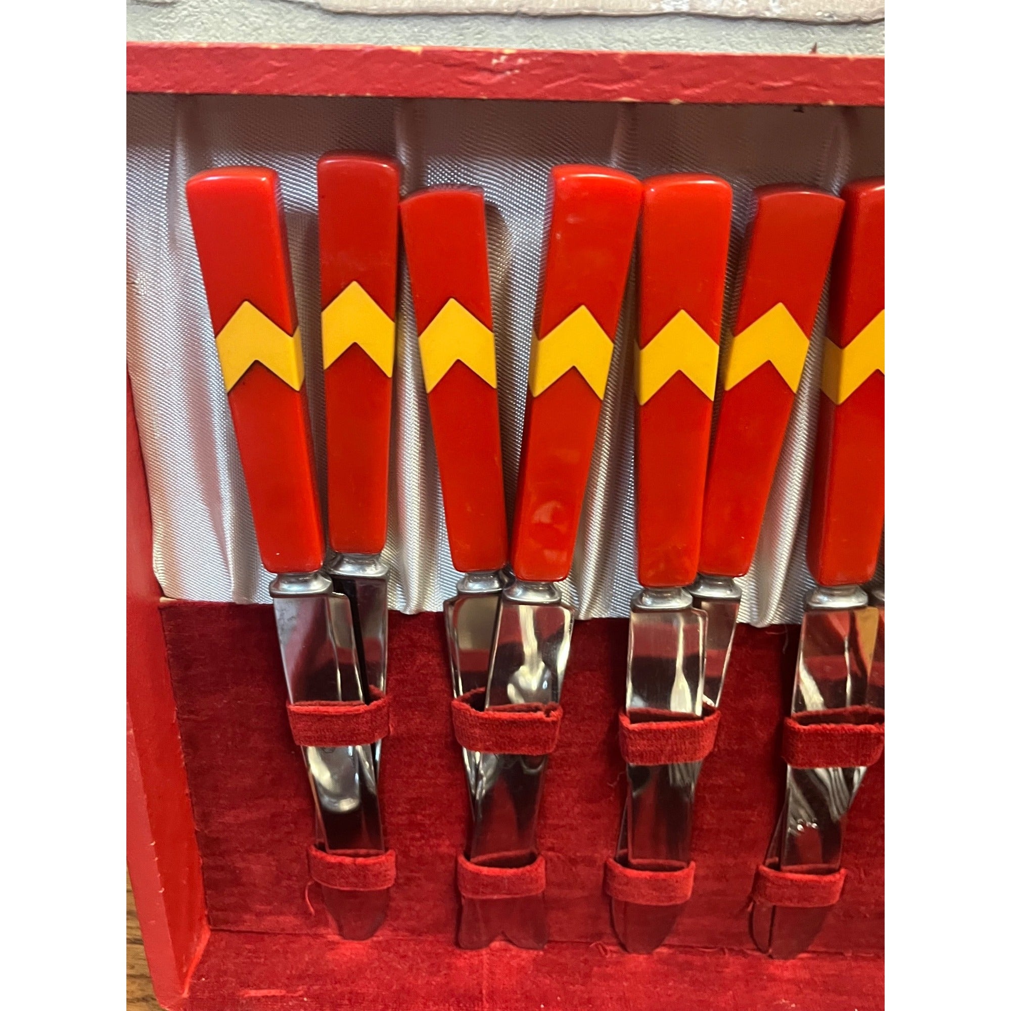 Vintage Cherry Butterscotch Chevron Bakelite Flatware Set 44pc Catalin Art Deco