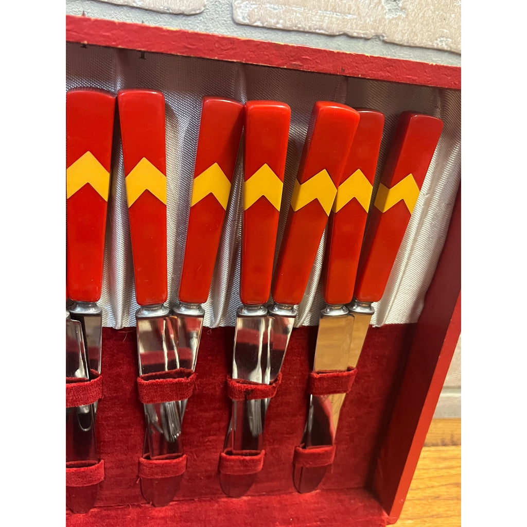Vintage Cherry Butterscotch Chevron Bakelite Flatware Set 44pc Catalin Art Deco
