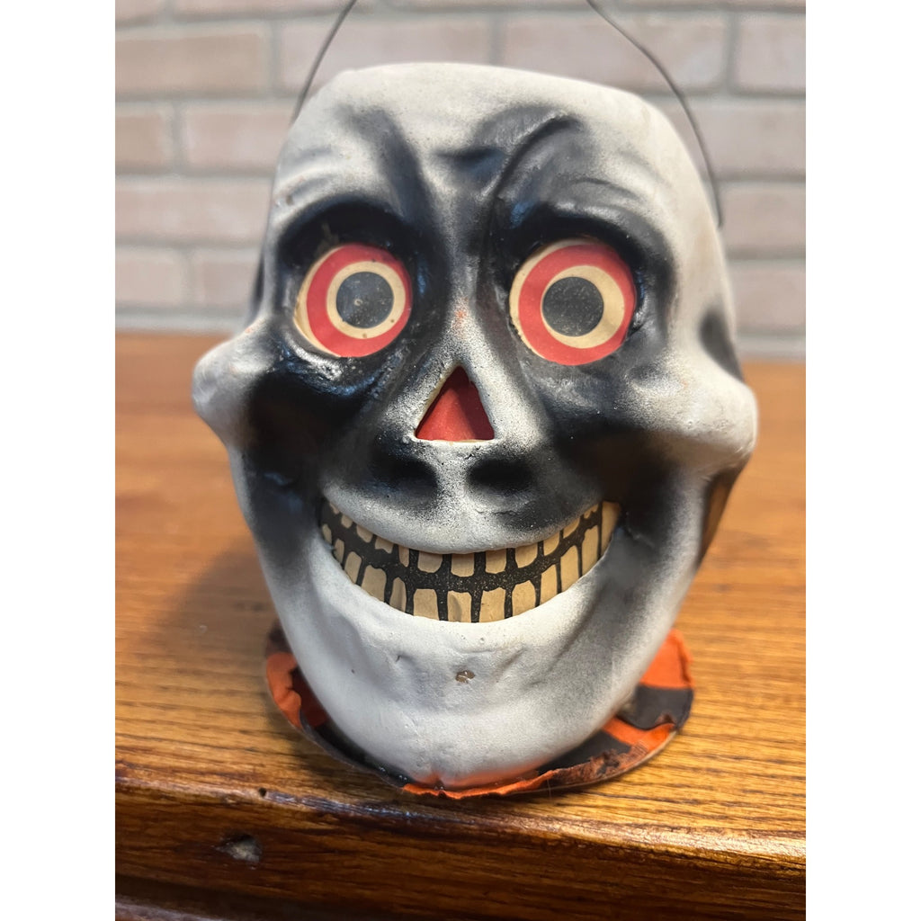 Antique 1920s Halloween Paper Mache Skull Skeleton Lantern German Original!