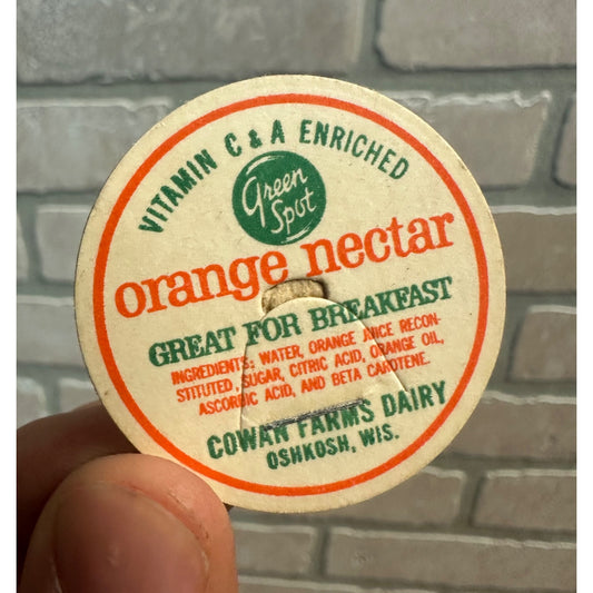 Milk Bottle Cap - Cowans Dairy Farm - Oshkosh, (Wisconsin) Wis WI - Orange Nectar Green Spot