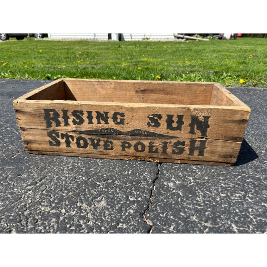 Vintage Rising Sun Stove Polish Wooden Crate Box Morse Bros Canon Mass.