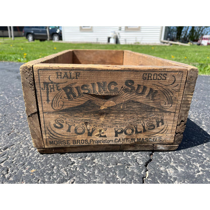 Vintage Rising Sun Stove Polish Wooden Crate Box Morse Bros Canon Mass.