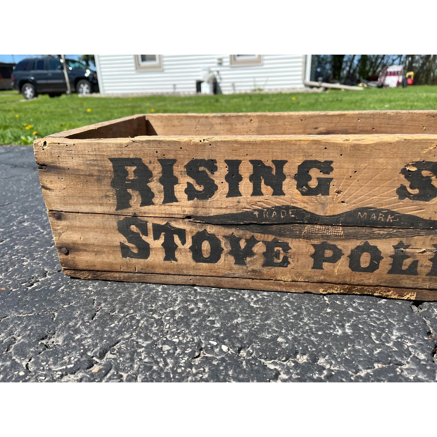 Vintage Rising Sun Stove Polish Wooden Crate Box Morse Bros Canon Mass.