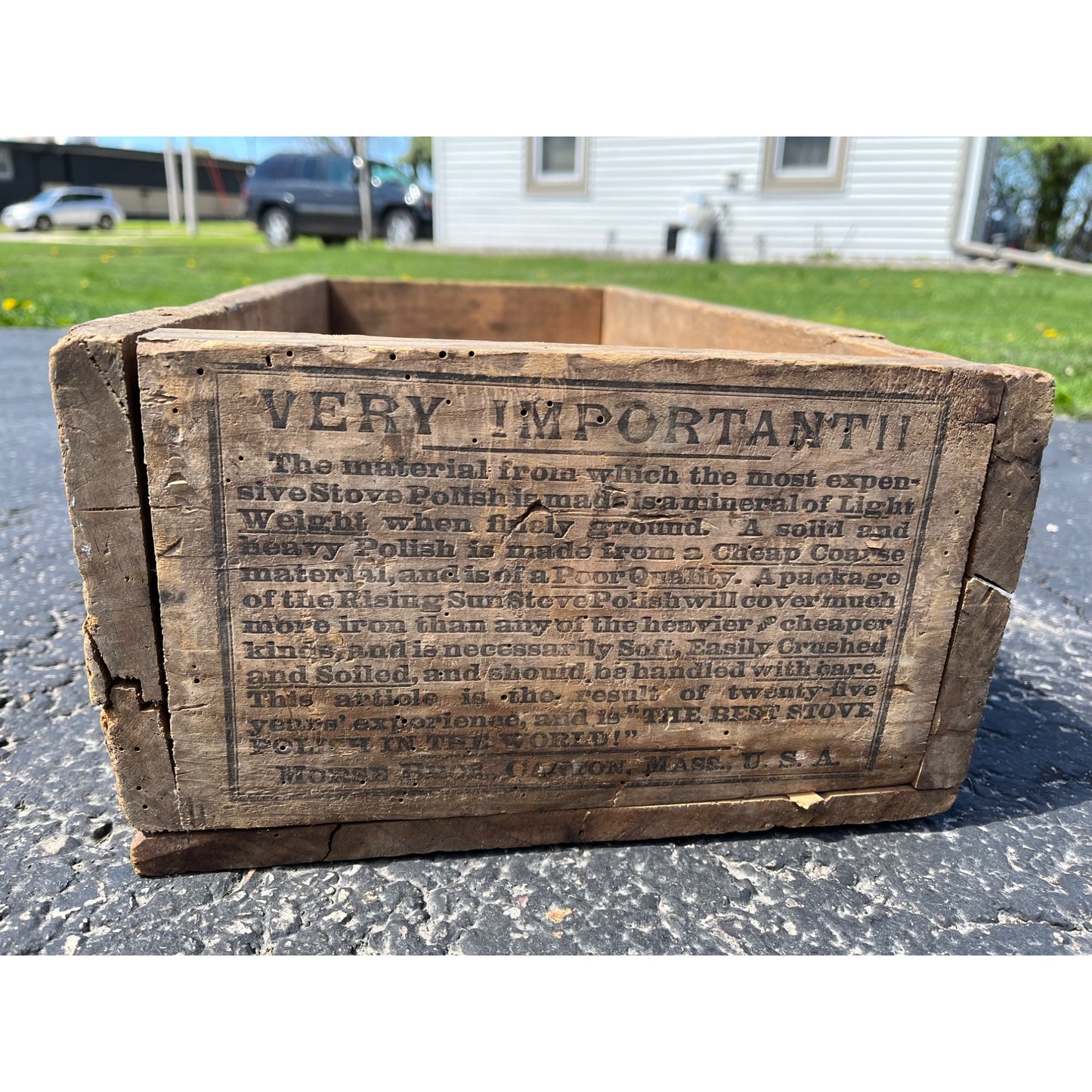 Vintage Rising Sun Stove Polish Wooden Crate Box Morse Bros Canon Mass.