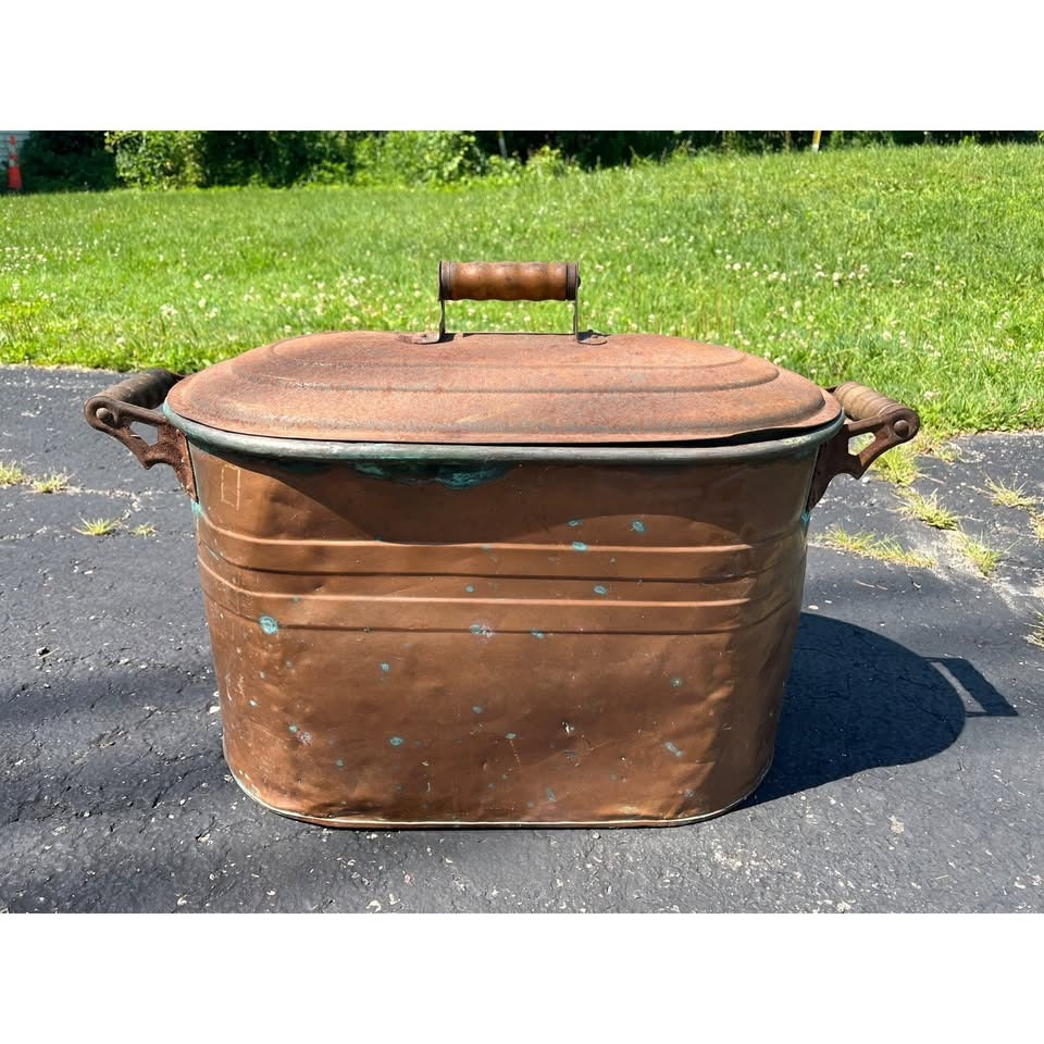 Vintage Wooden-Handled Copper Boiler With Lid Rustic Primitive Farmhouse Decor