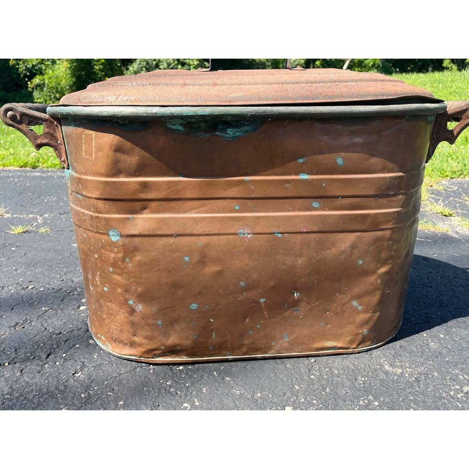 Vintage Wooden-Handled Copper Boiler With Lid Rustic Primitive Farmhouse Decor