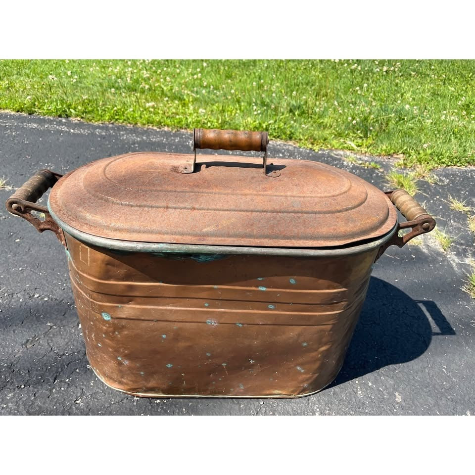 Vintage Wooden-Handled Copper Boiler With Lid Rustic Primitive Farmhouse Decor