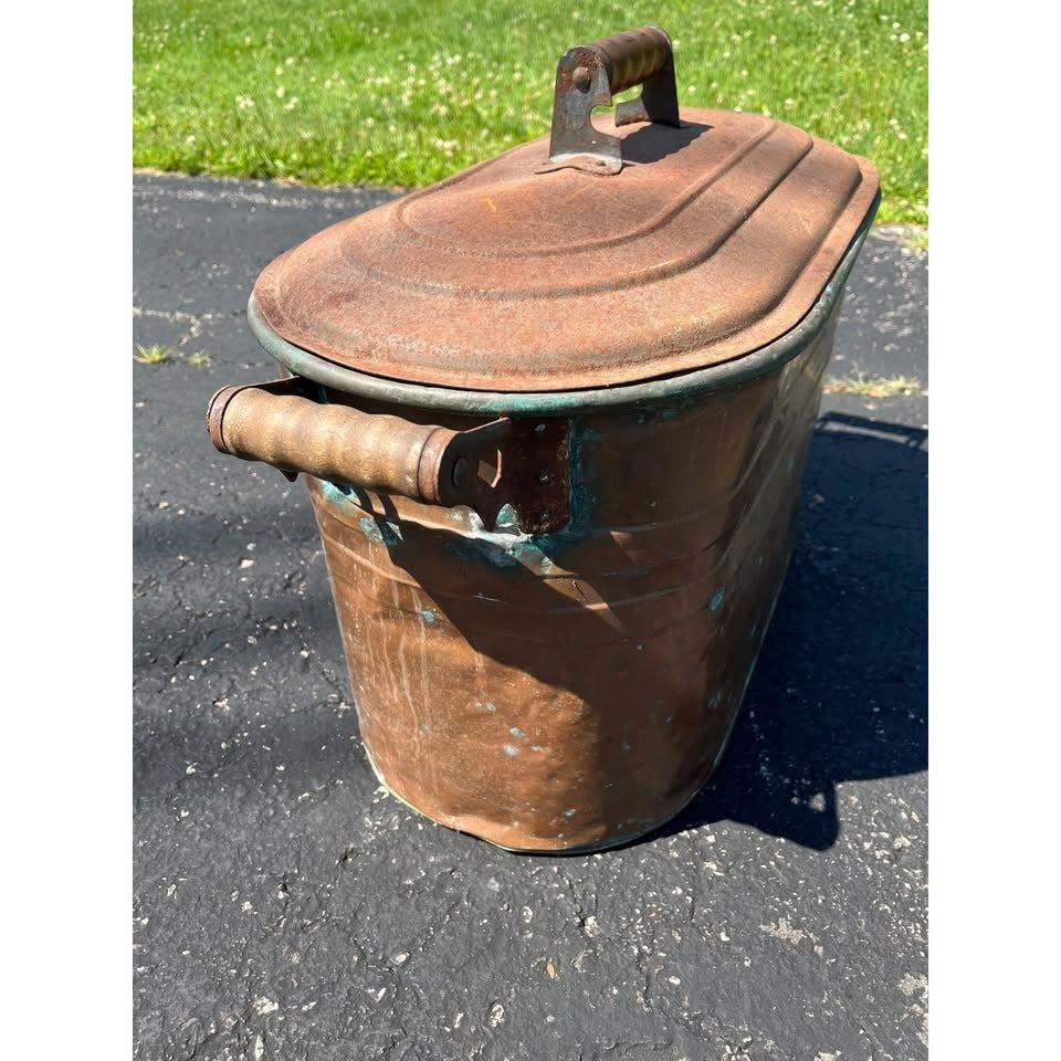 Vintage Wooden-Handled Copper Boiler With Lid Rustic Primitive Farmhouse Decor