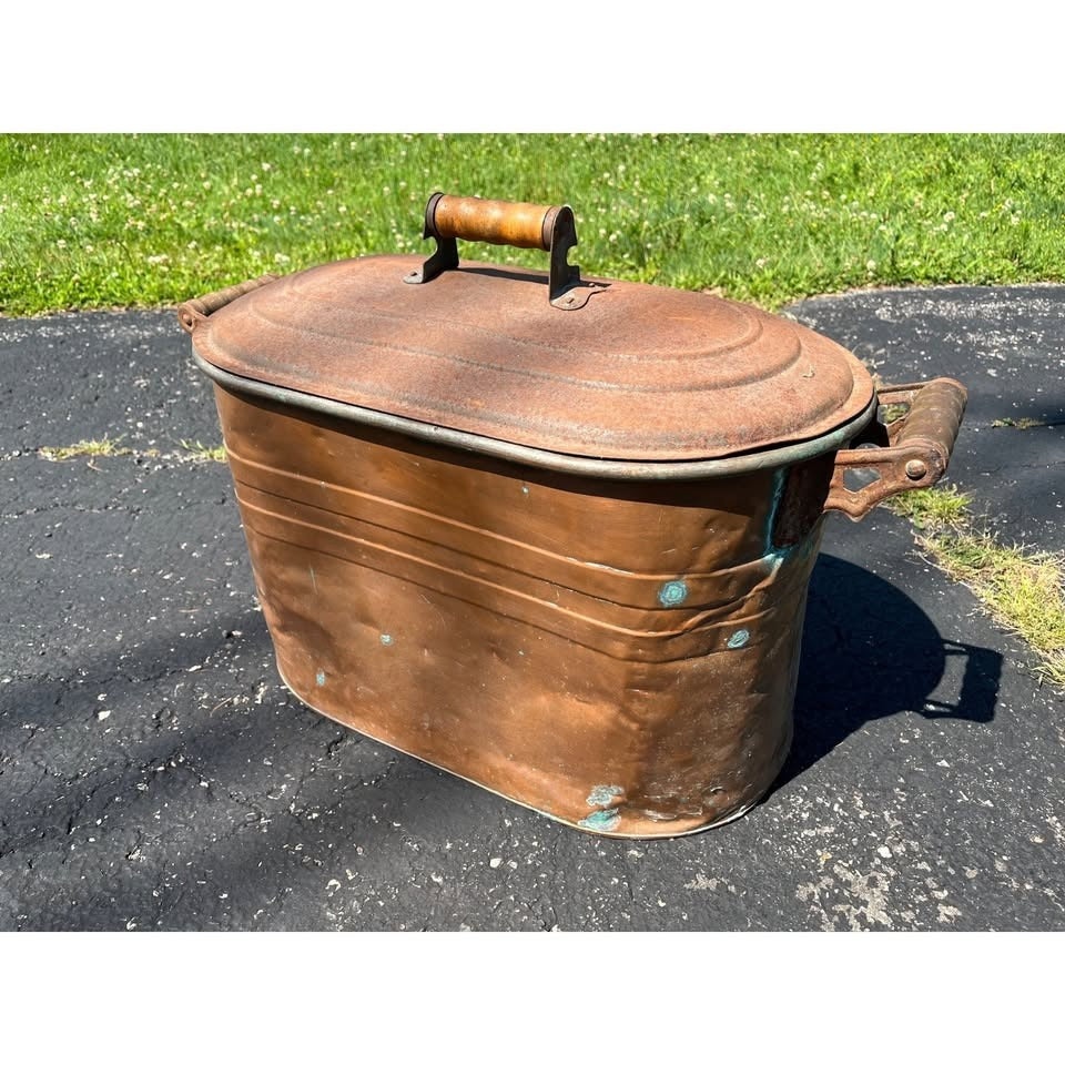 Vintage Wooden-Handled Copper Boiler With Lid Rustic Primitive Farmhouse Decor