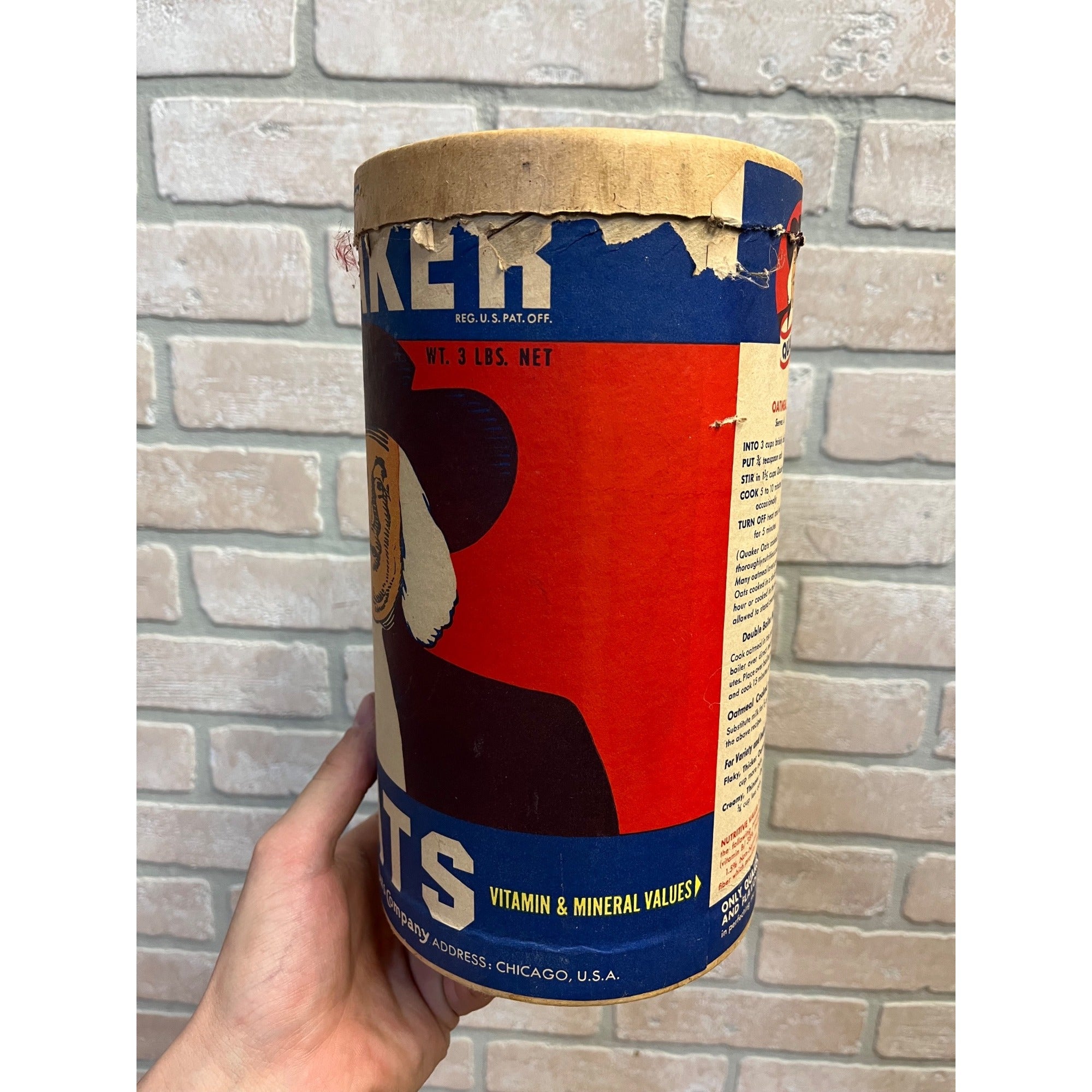 Vintage 1950s Quaker Oats Cardboard Container  Can Kitchen Decor 9.5"
