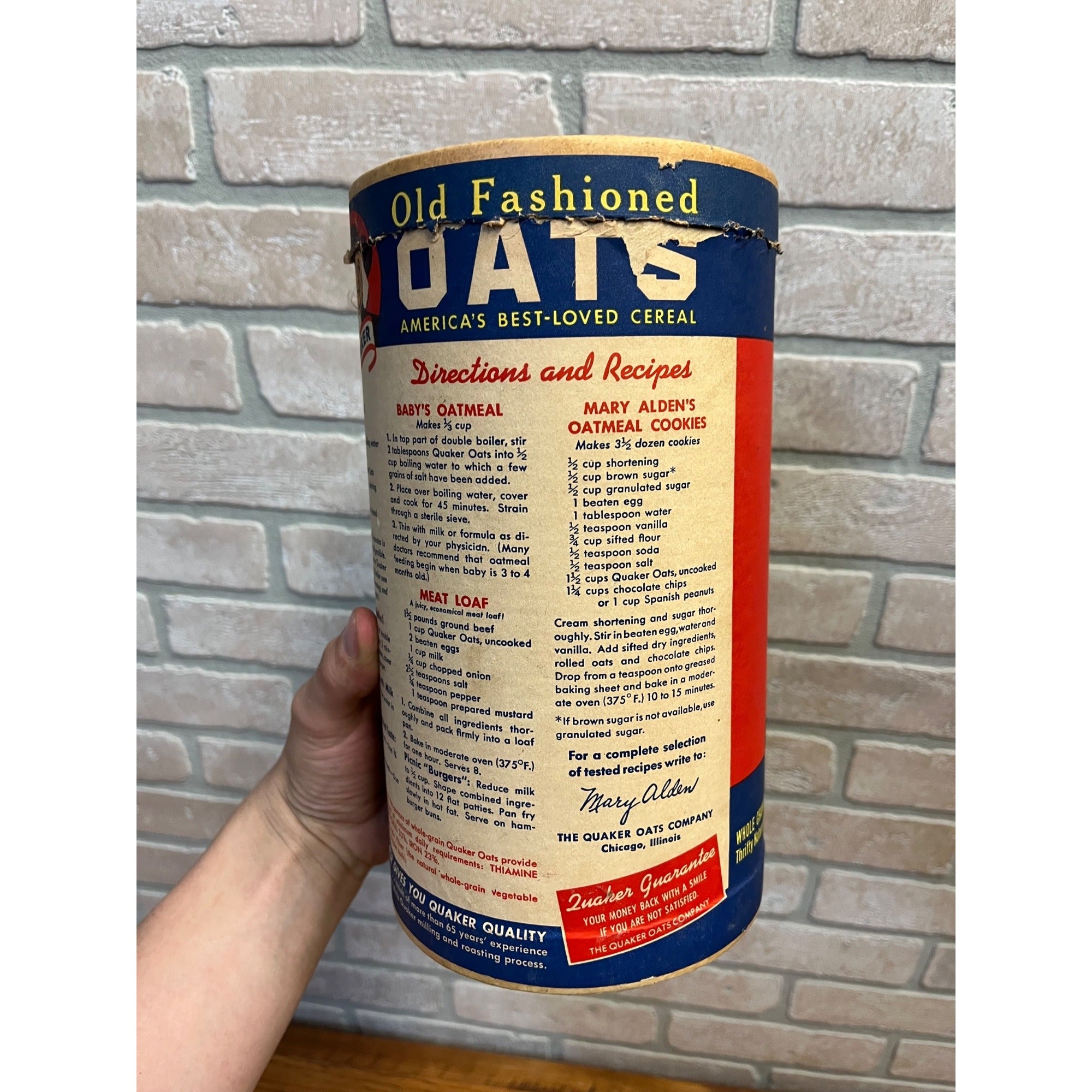 Vintage 1950s Quaker Oats Cardboard Container  Can Kitchen Decor 9.5"