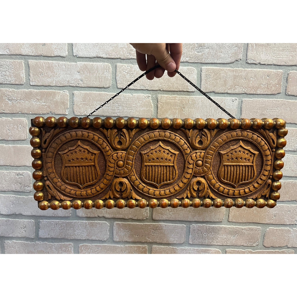 Antique c1890s American Patriotic 2-Sided Carved Hanging Plaque Sign Victorian