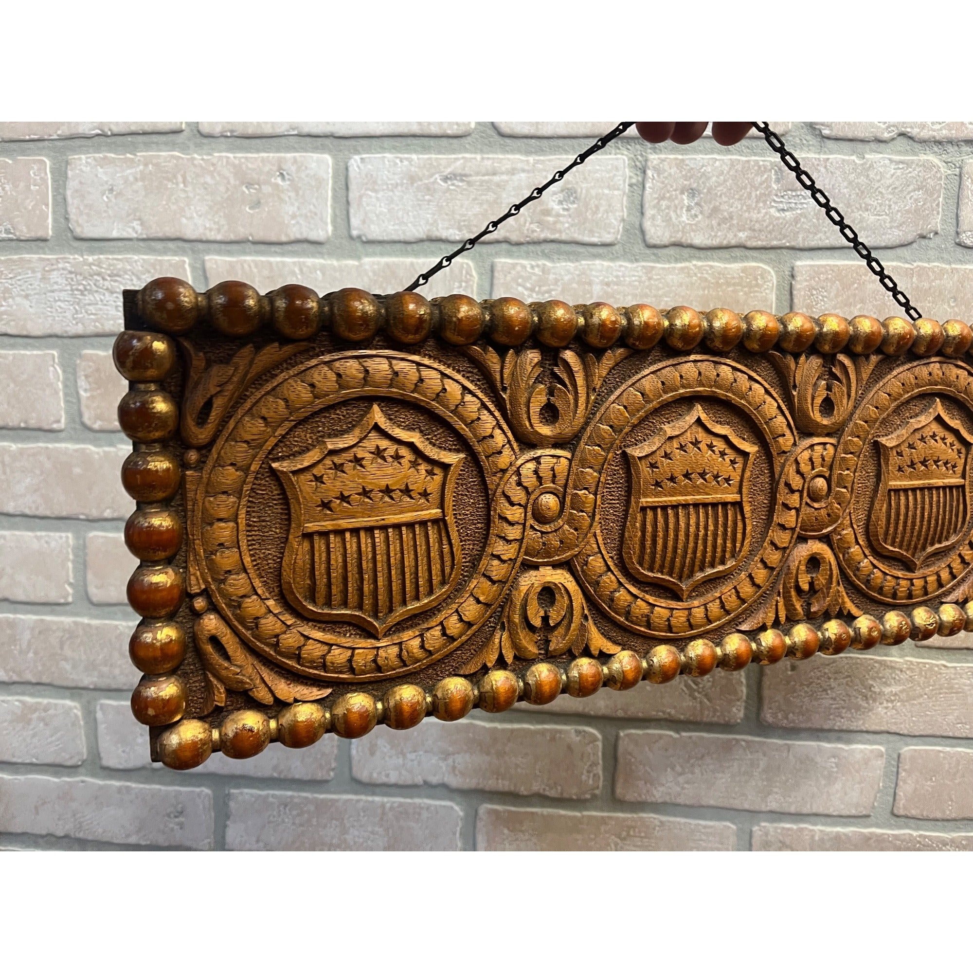 Antique c1890s American Patriotic 2-Sided Carved Hanging Plaque Sign Victorian