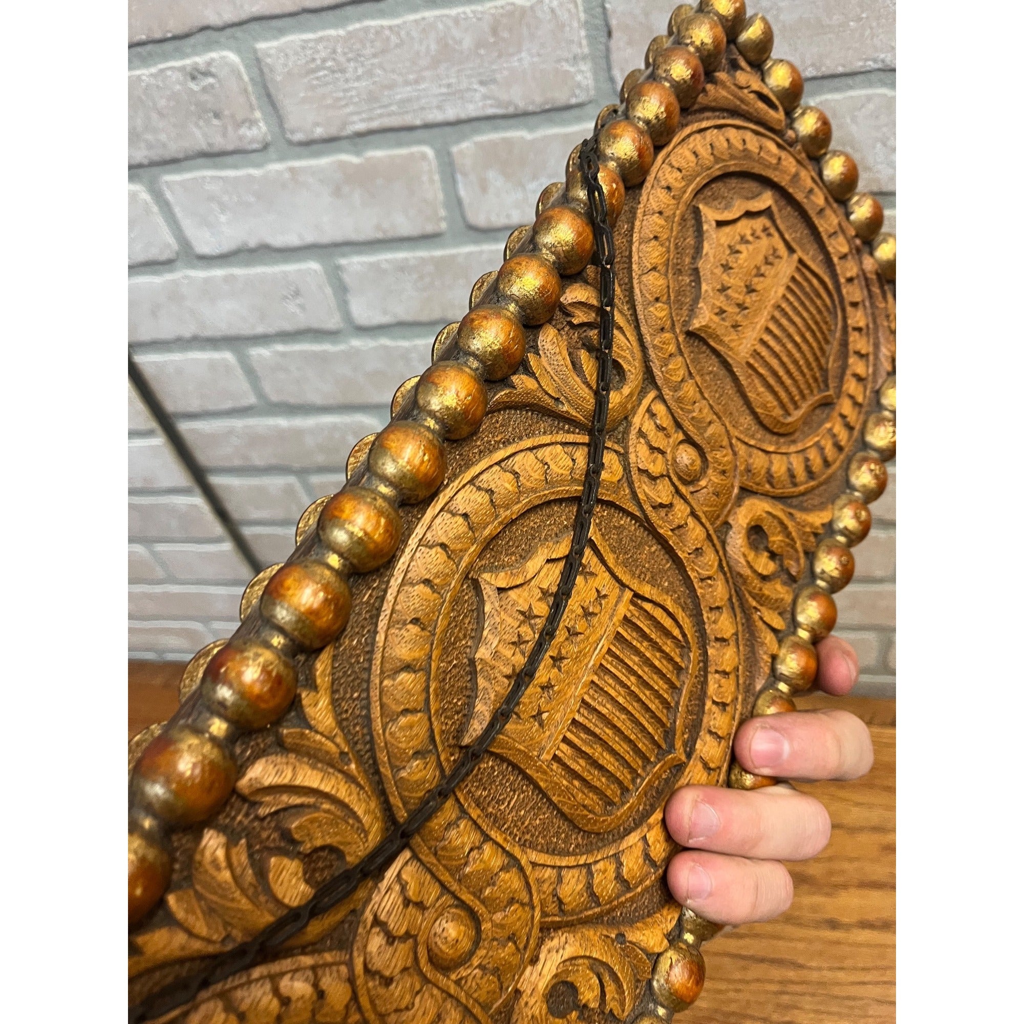 Antique c1890s American Patriotic 2-Sided Carved Hanging Plaque Sign Victorian