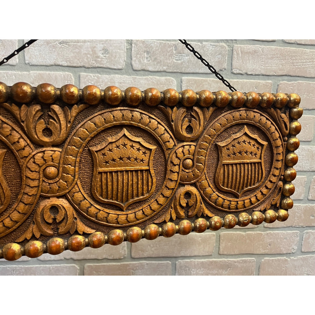 Antique c1890s American Patriotic 2-Sided Carved Hanging Plaque Sign Victorian