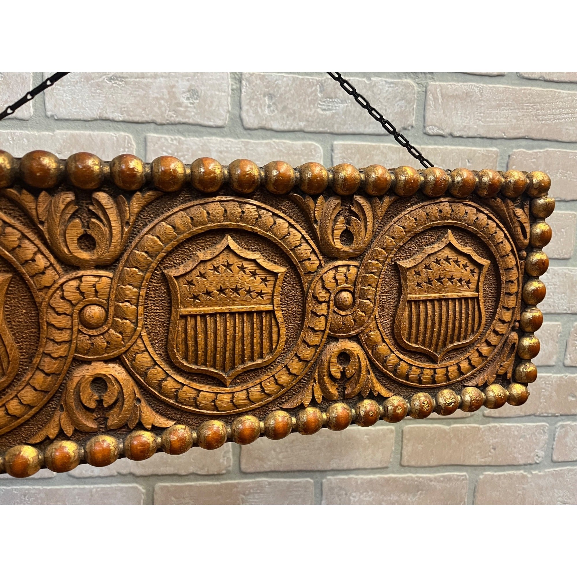 Antique c1890s American Patriotic 2-Sided Carved Hanging Plaque Sign Victorian