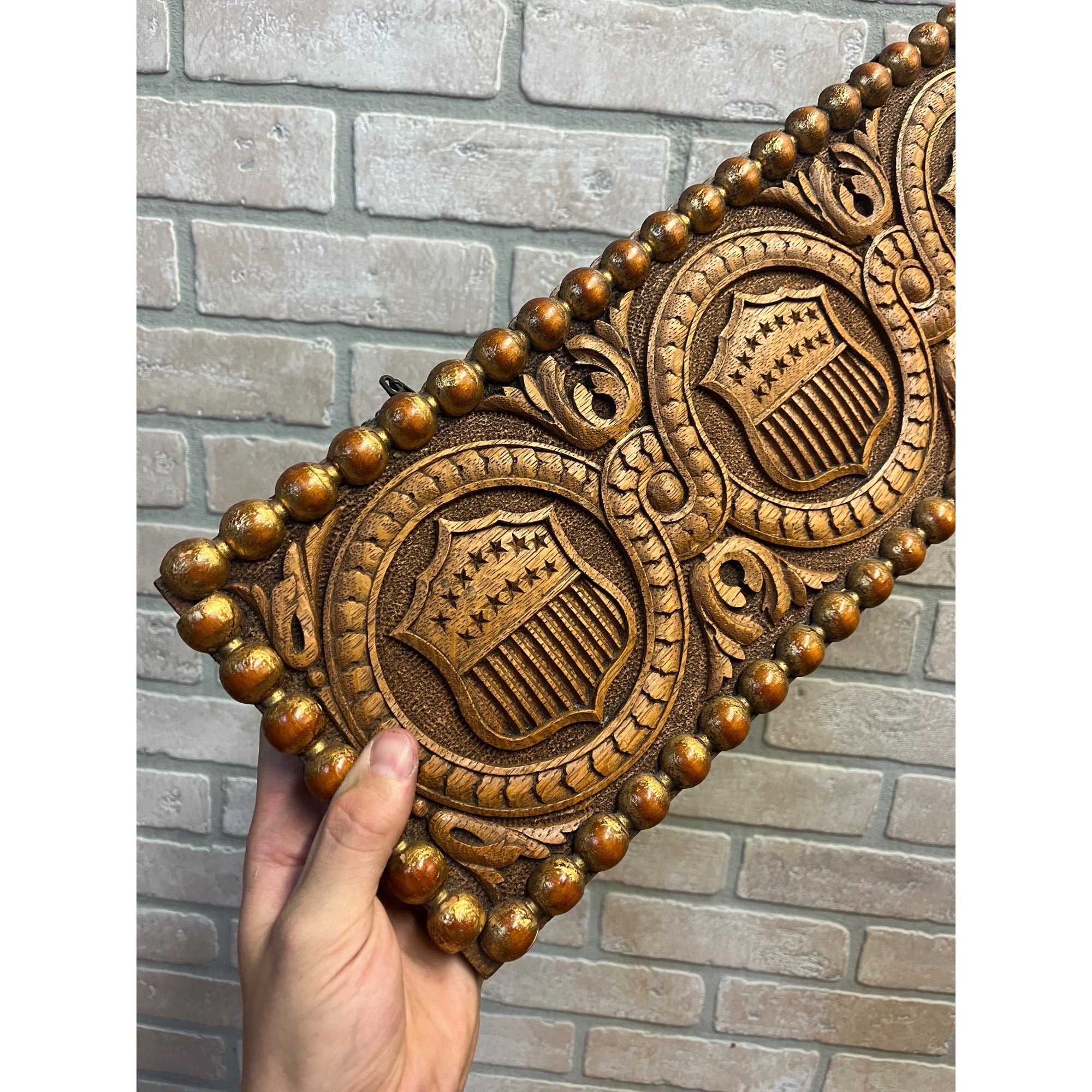 Antique c1890s American Patriotic 2-Sided Carved Hanging Plaque Sign Victorian