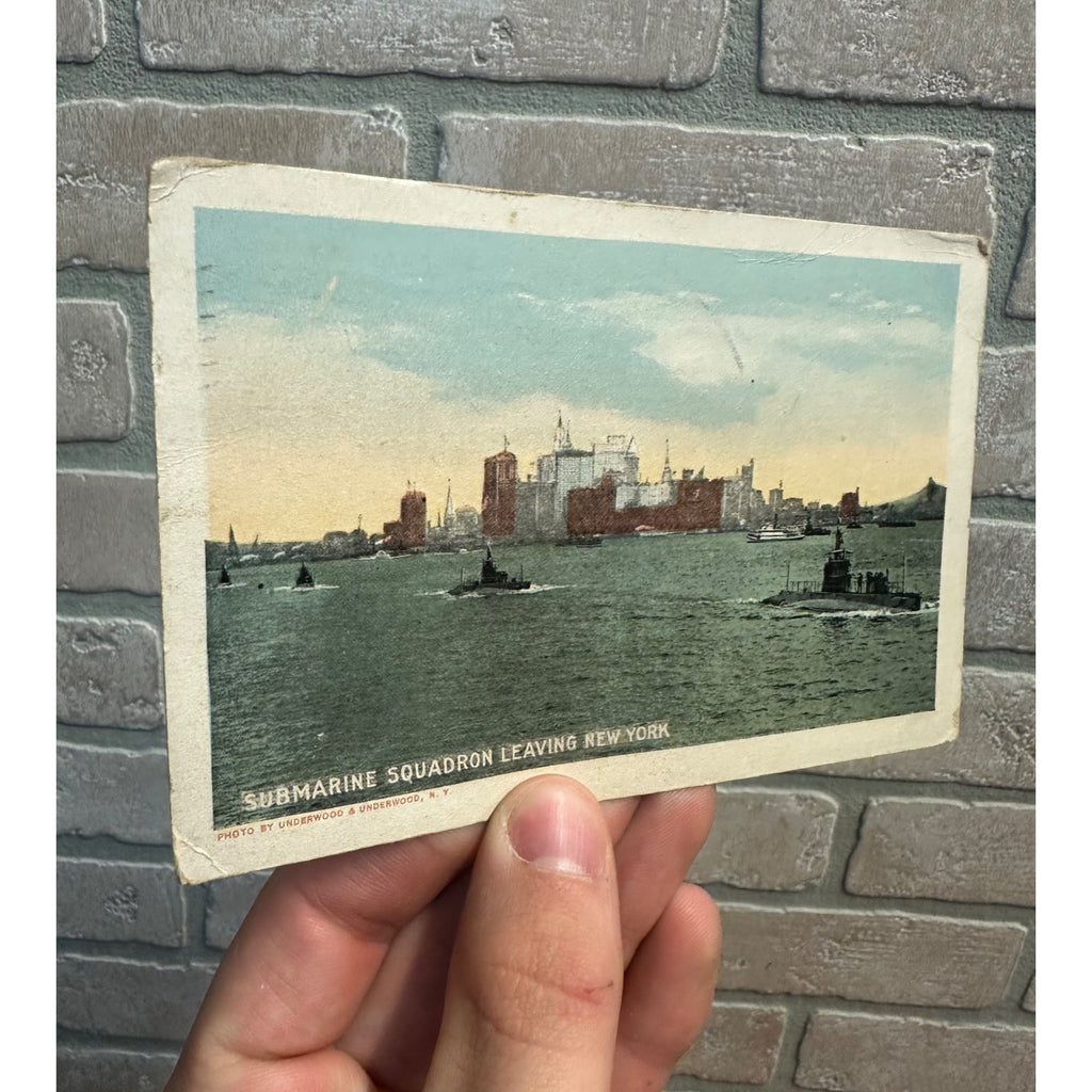 Antique WWI Era Postcard Submarine Squadron Leaving New York Underwood & Underwood