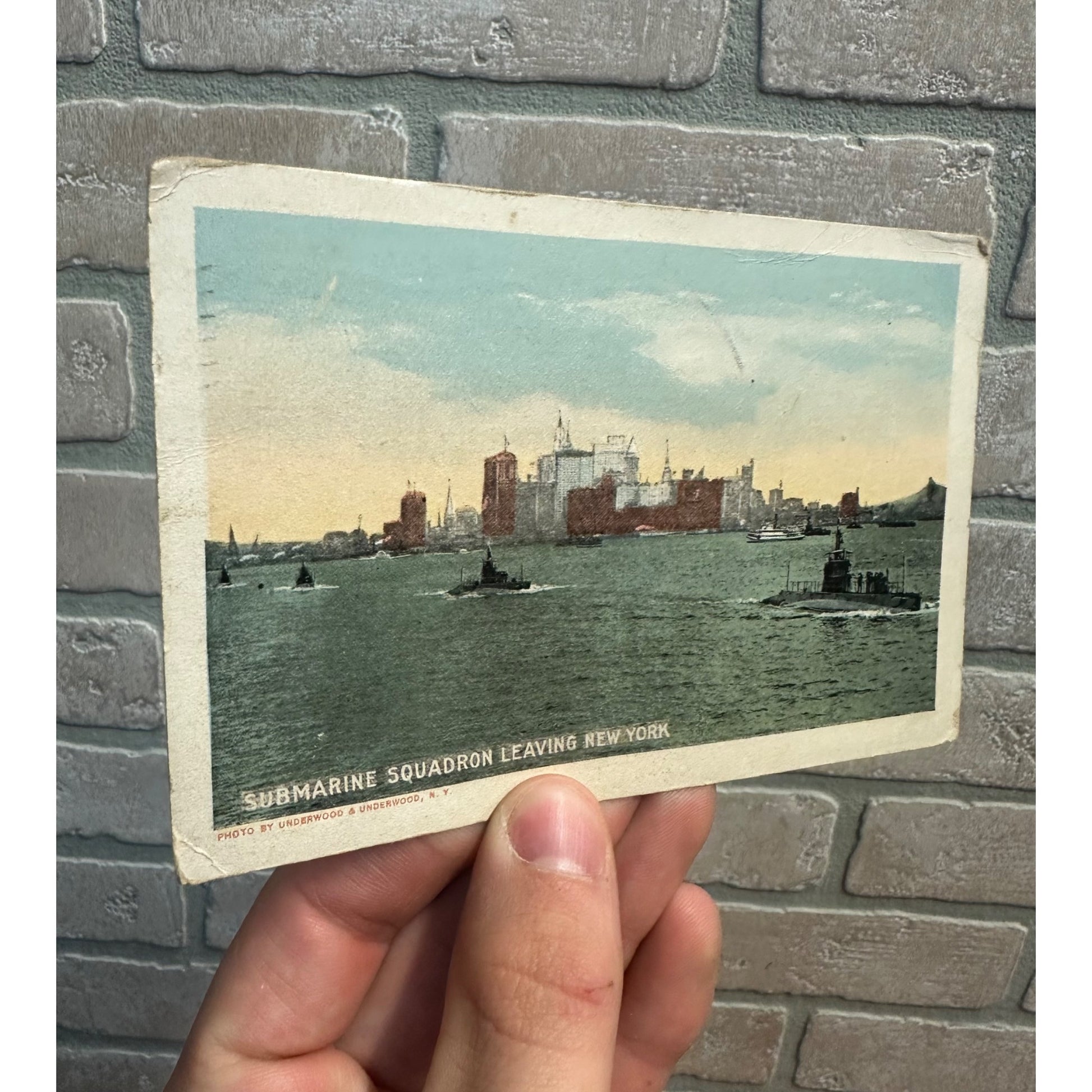 Antique WWI Era Postcard Submarine Squadron Leaving New York Underwood & Underwood