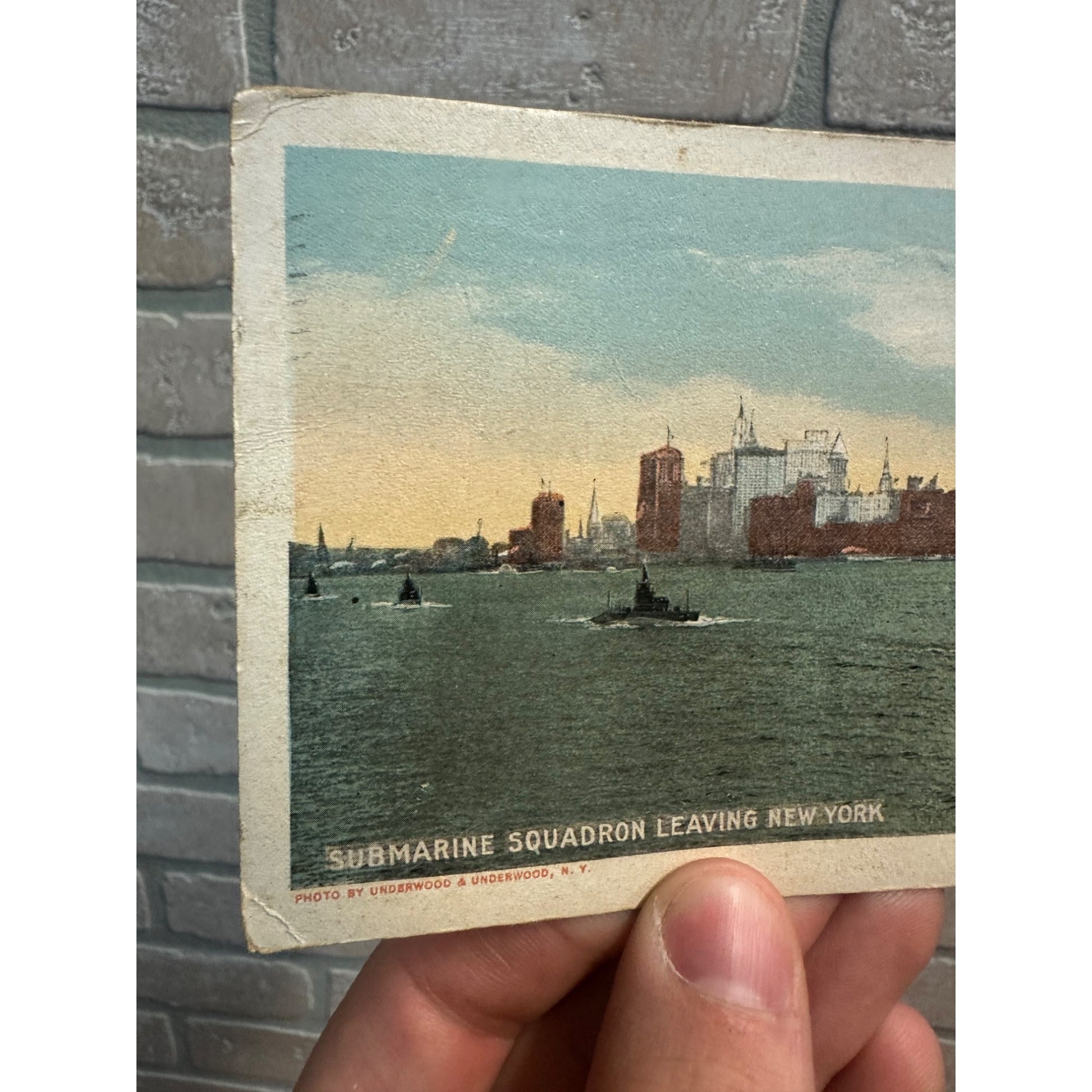 Antique WWI Era Postcard Submarine Squadron Leaving New York Underwood & Underwood