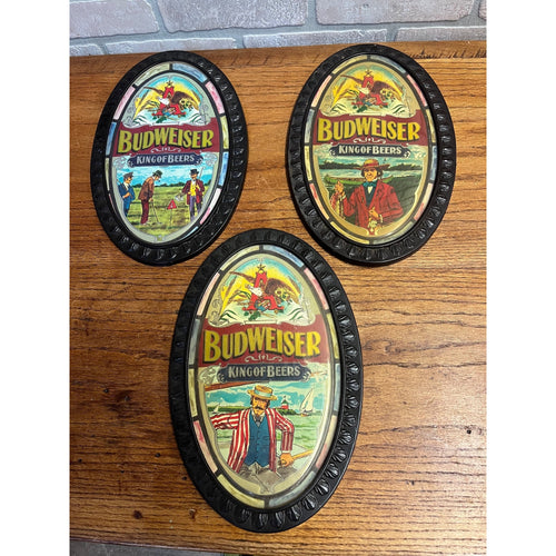 Vintage Budweiser Beer Plastic Oval Bar Signs Set (3) Fishing Golfing Boats ++