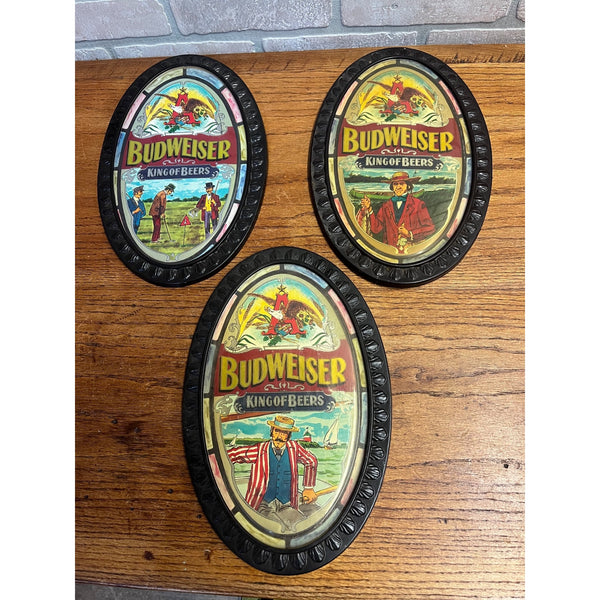 Vintage Budweiser Beer Plastic Oval Bar Signs Set (3) Fishing Golfing Boats ++