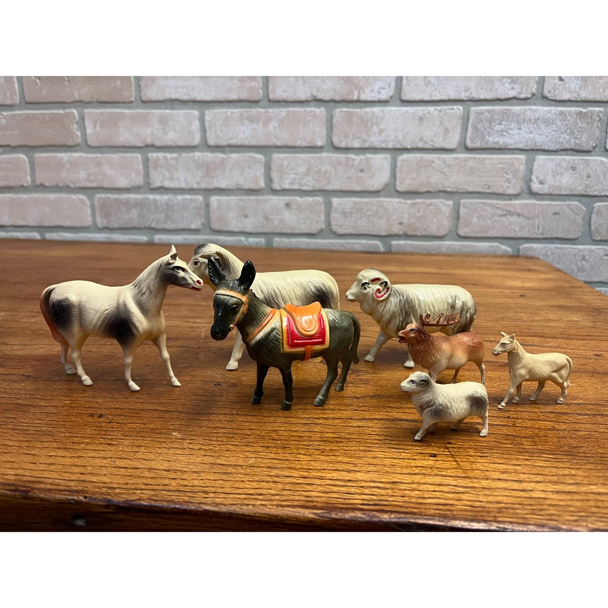 Vintage Farm Animals Celluloid Toy Christmas Putz Decorations Lot Donkey, Sheep