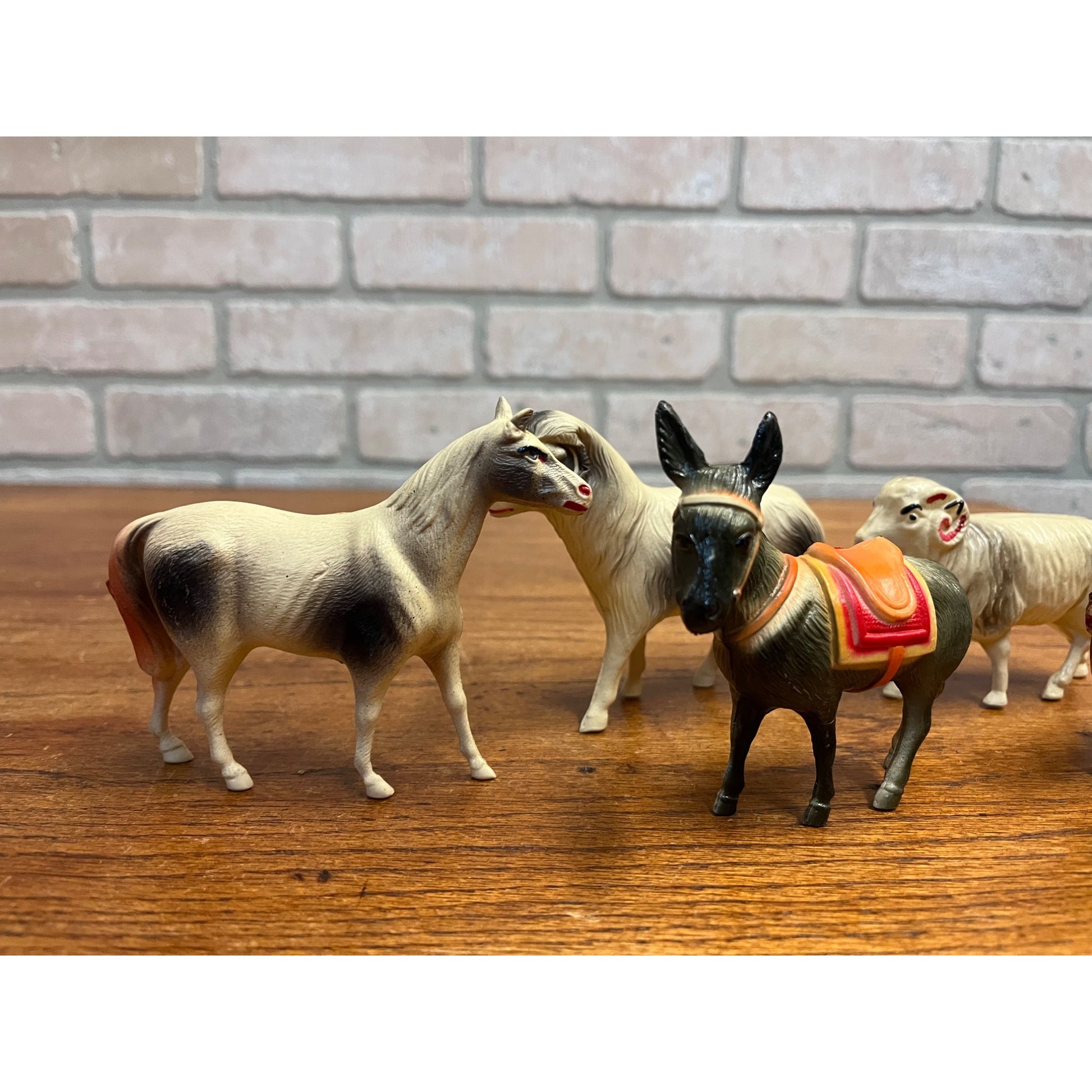 Vintage Farm Animals Celluloid Toy Christmas Putz Decorations Lot Donkey, Sheep