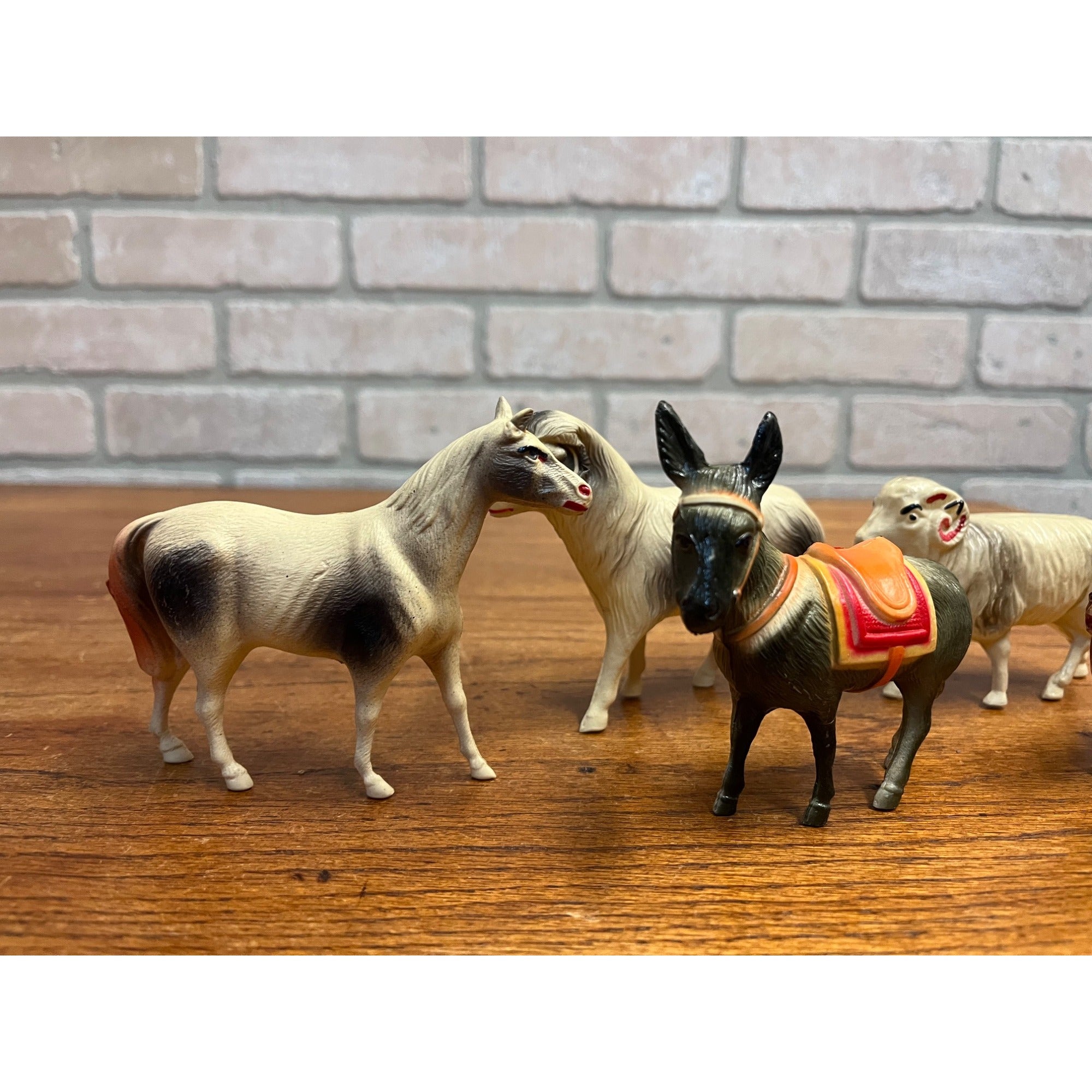 Vintage Farm Animals Celluloid Toy Christmas Putz Decorations Lot Donkey, Sheep