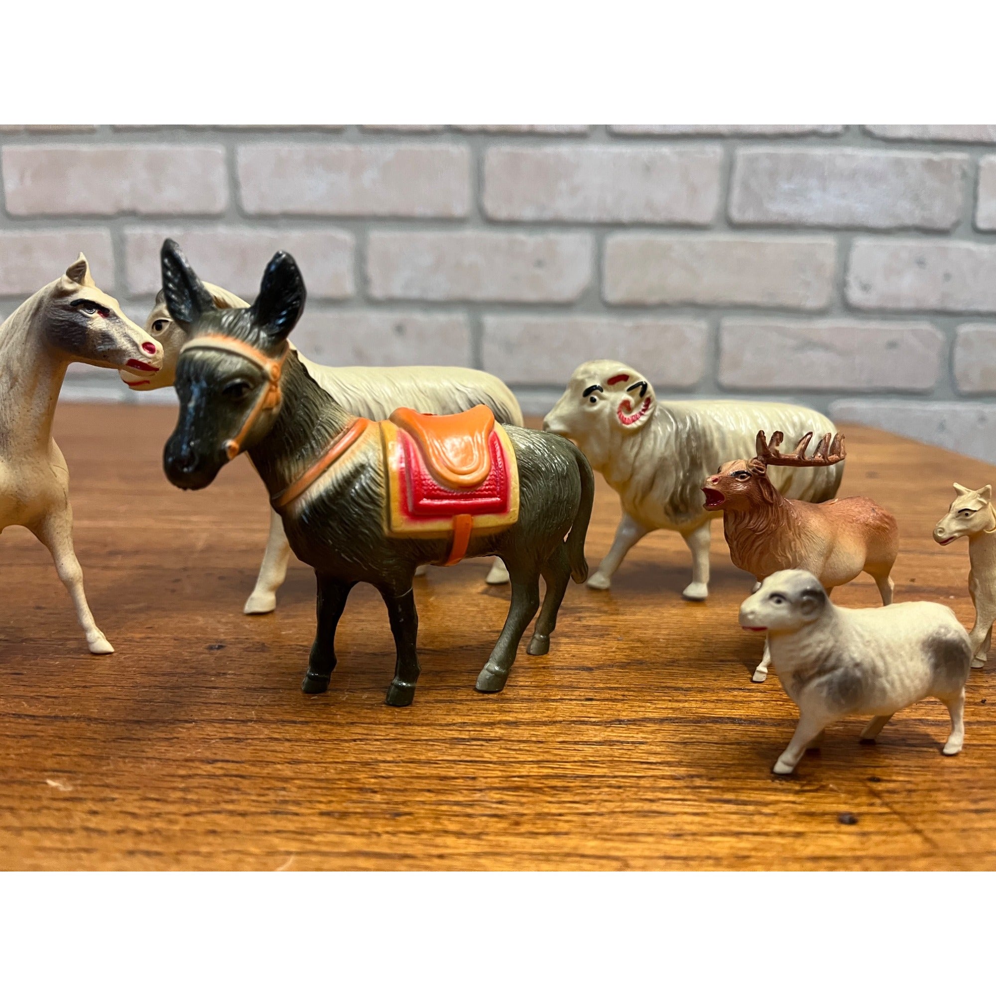 Vintage Farm Animals Celluloid Toy Christmas Putz Decorations Lot Donkey, Sheep