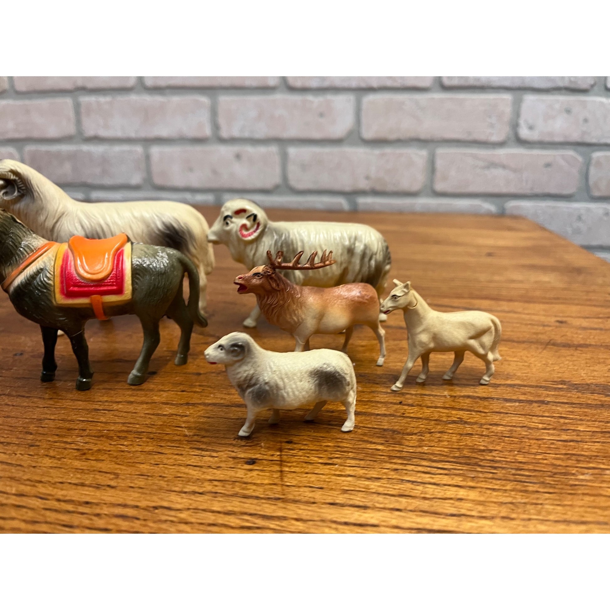 Vintage Farm Animals Celluloid Toy Christmas Putz Decorations Lot Donkey, Sheep