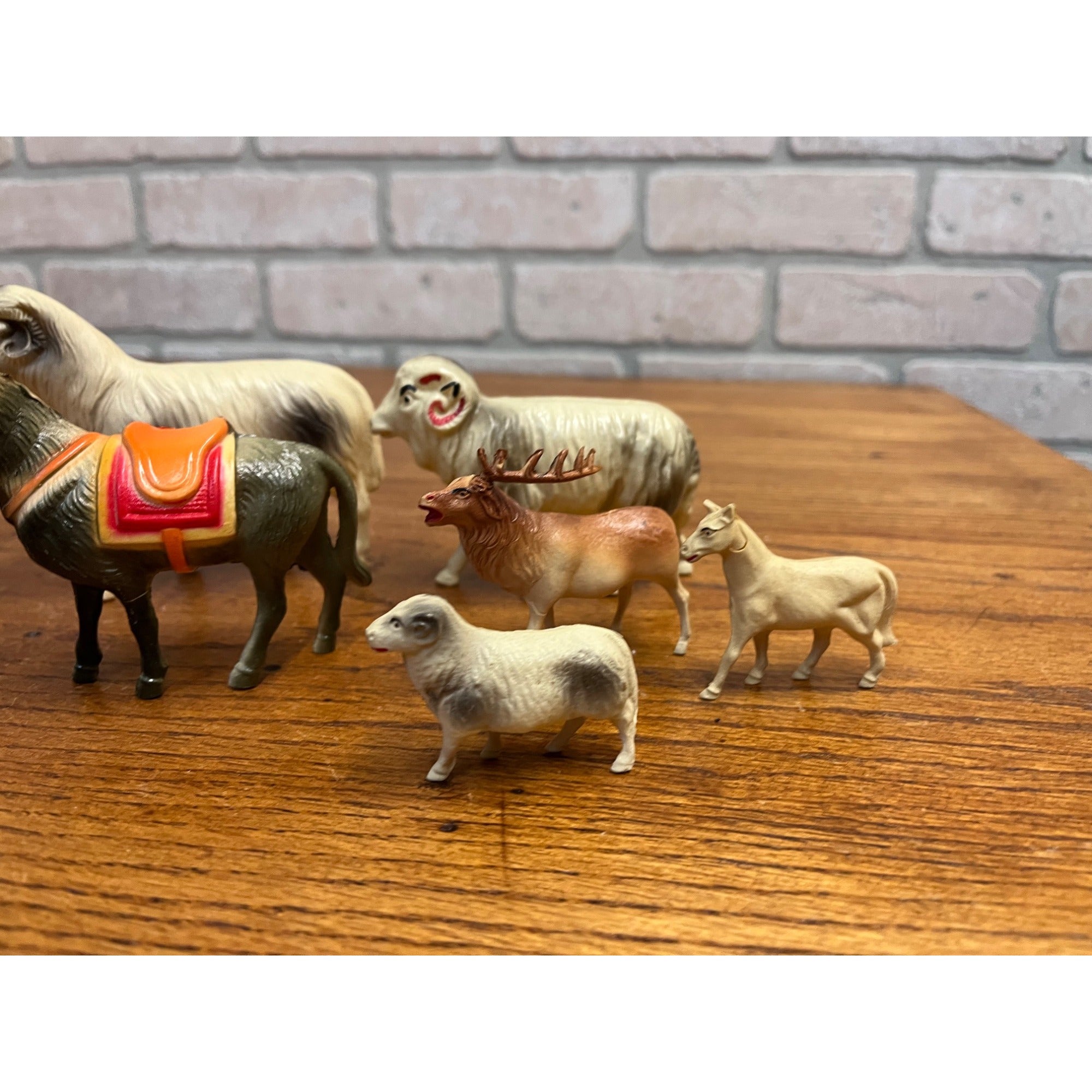 Vintage Farm Animals Celluloid Toy Christmas Putz Decorations Lot Donkey, Sheep