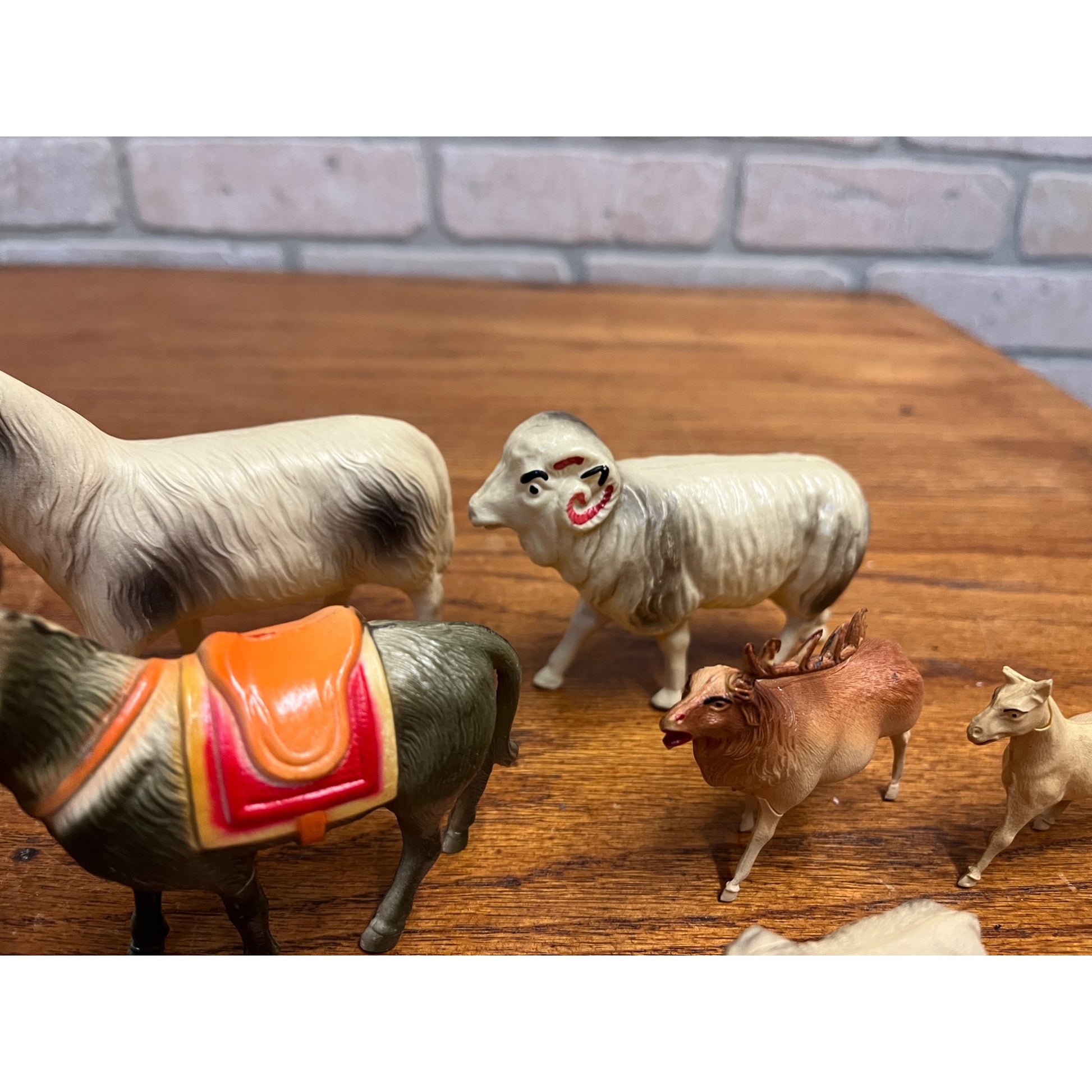 Vintage Farm Animals Celluloid Toy Christmas Putz Decorations Lot Donkey, Sheep