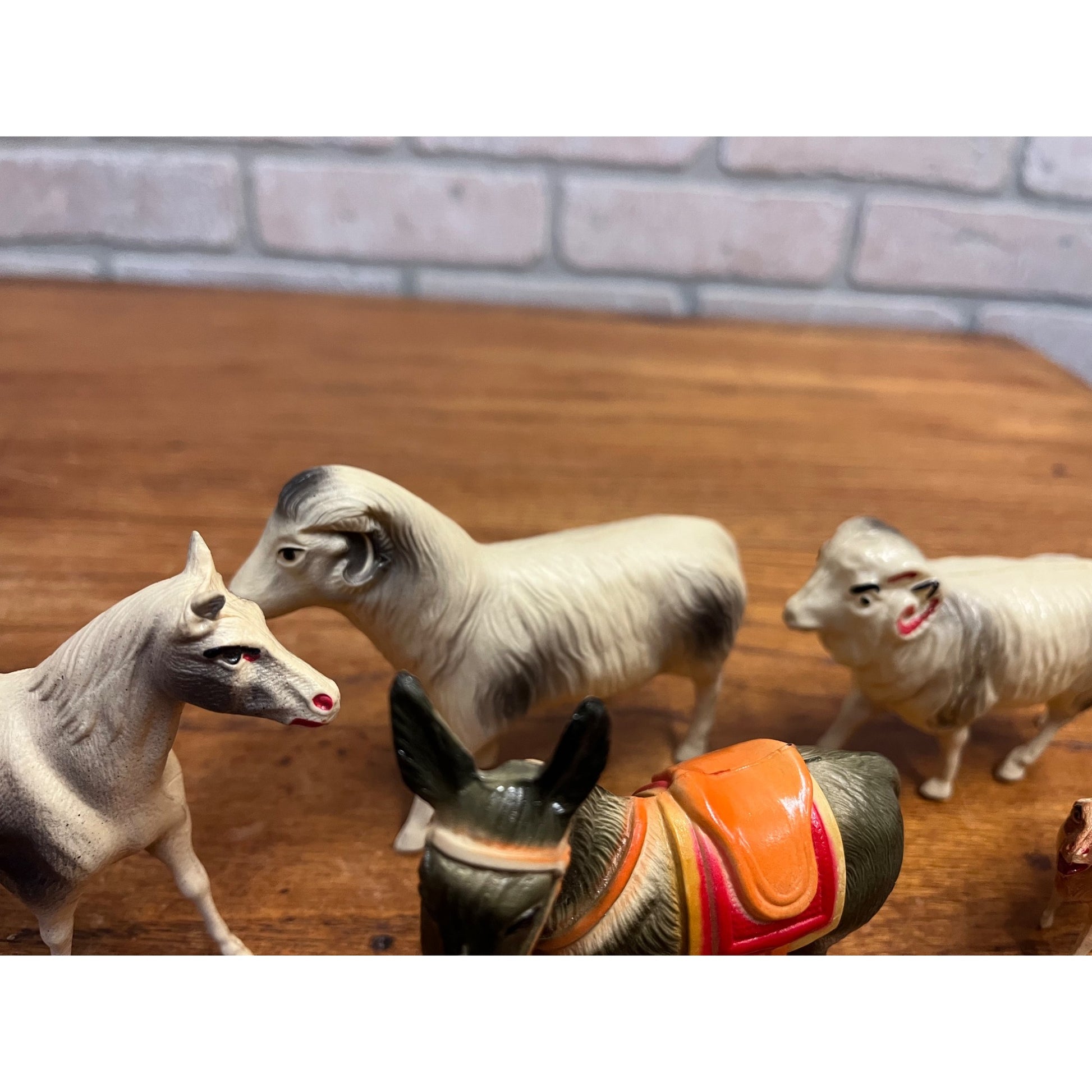 Vintage Farm Animals Celluloid Toy Christmas Putz Decorations Lot Donkey, Sheep