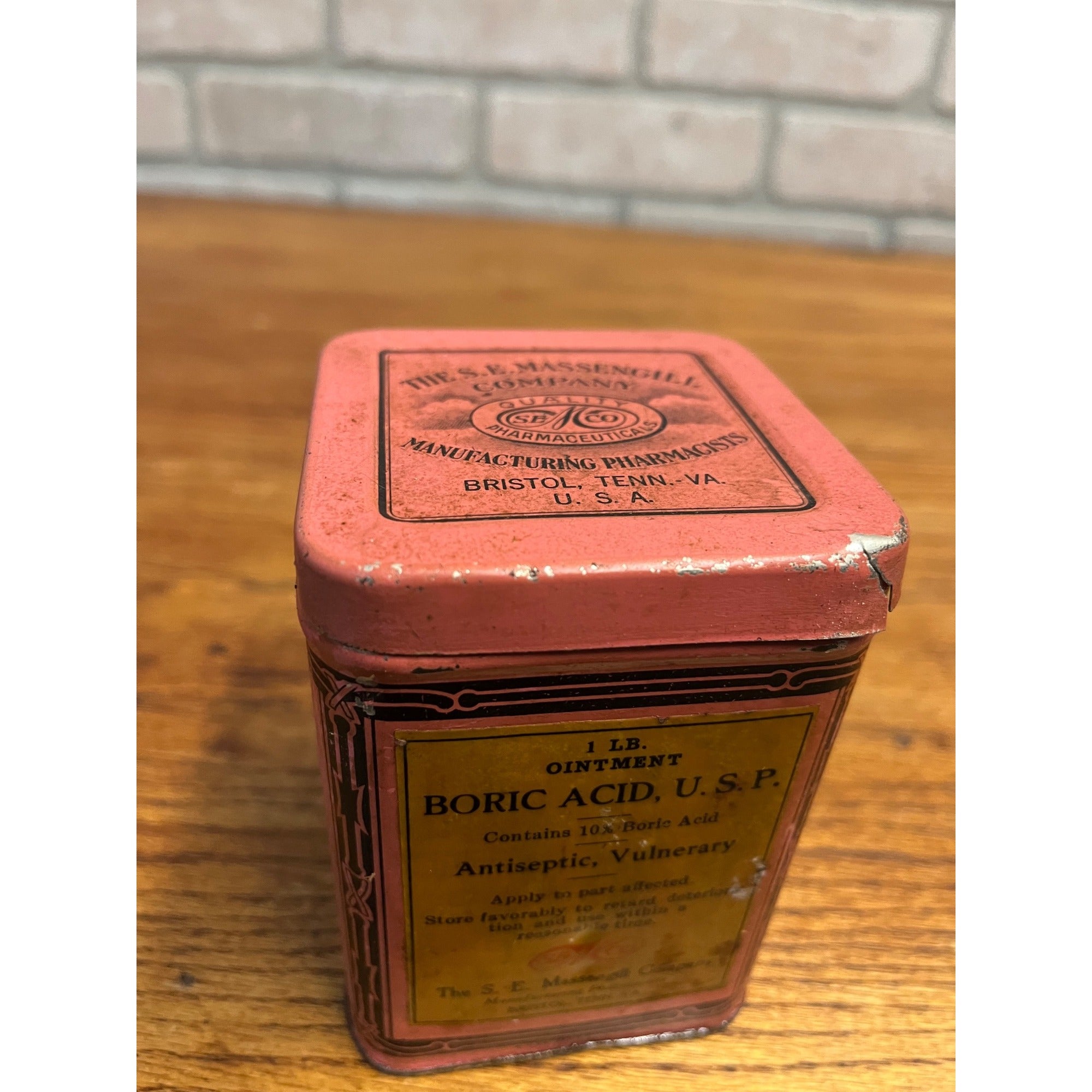 Vintage The S.E. Massengill Co. Pharmacy Apothecary Medicine Tin Pink Druggist